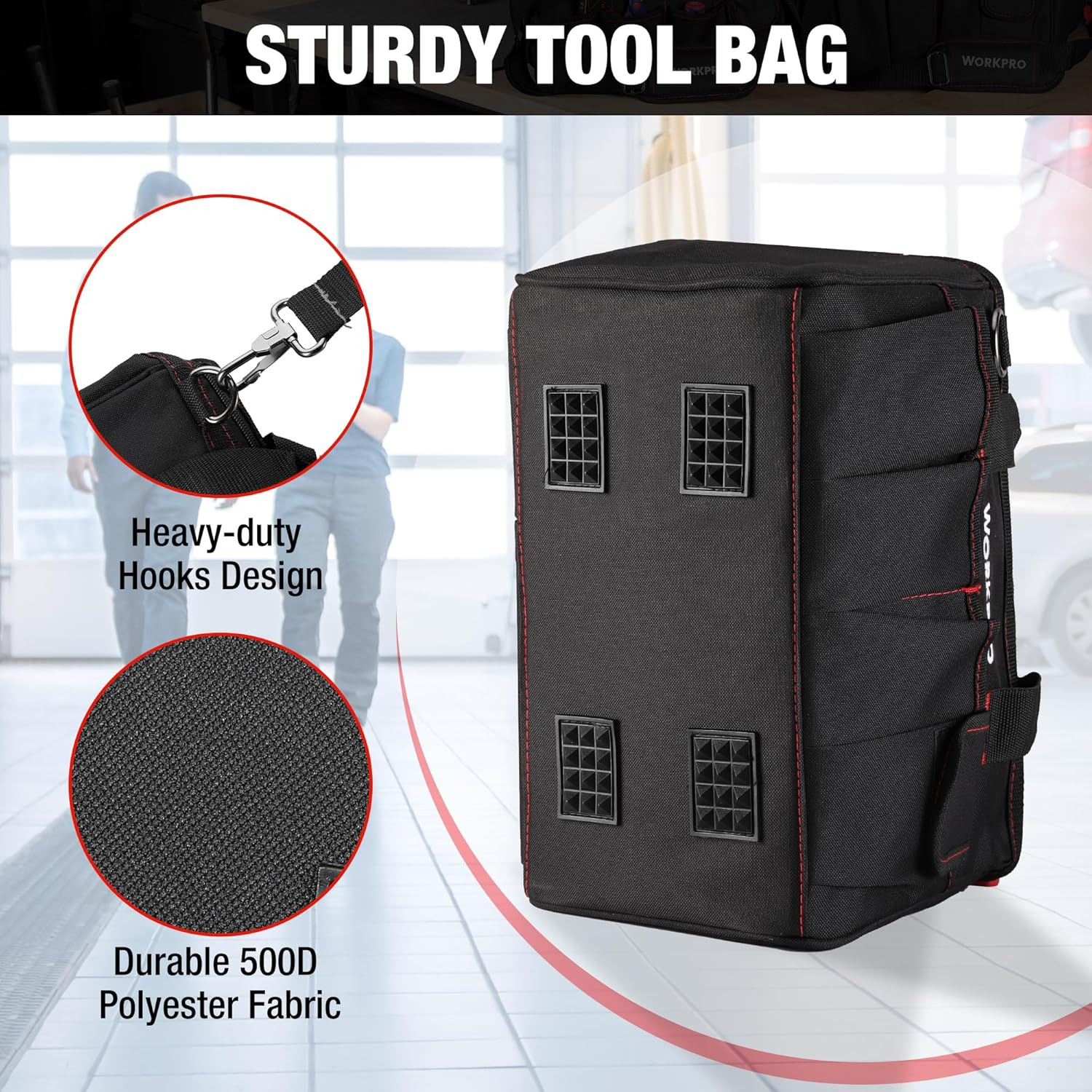 WORKPRO 14-Inch Tool Bag, Multi-Pocket Tool Organizer with Adjustable Shoulder Strap, W081021A, Black