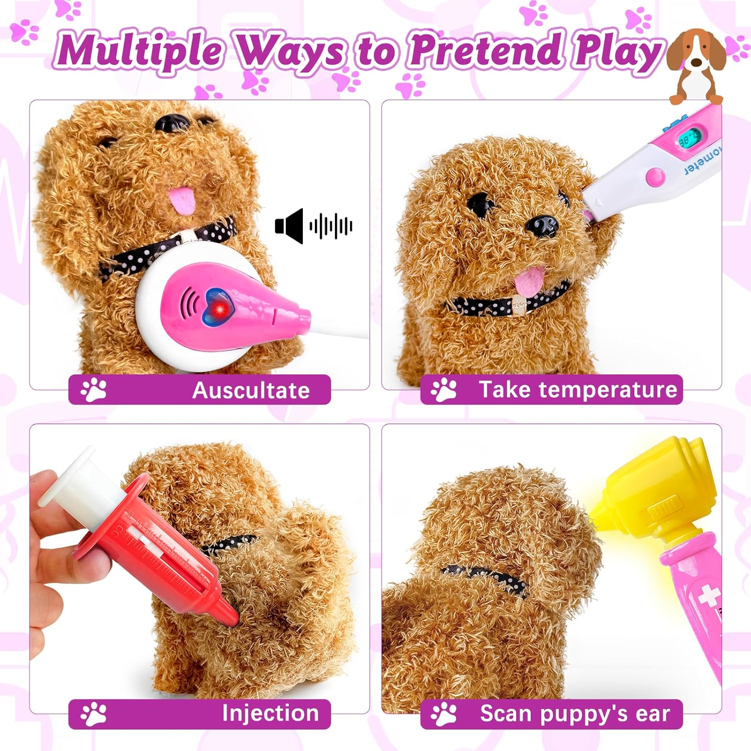 PELOSTA 34PCS Doctor Kit for Toddlers 3-5, Pretend Play Doctor Play Set with Dog Toy, Doctor Costume, Carrying Bag, Stethoscope, Dress up Toys for Girls Aged 3 4 5 6 7 8 (Pink)