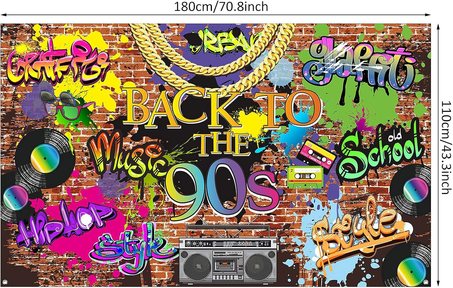 90'S Backdrop Hip Hop Graffiti 90S Party Decorations 5.9 X 3.6 Ft Back to the 90'S Themed Party Banner Brick Wall Retro Radio Photography Background Vinyl Fabric Wall Table Decors Photo Booth Props image number 3