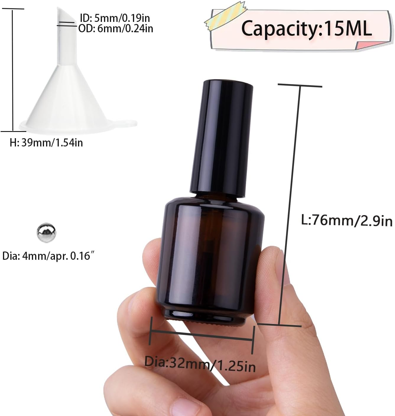 2PCS Brown Empty Nail Polish Bottles with Rounded Brush,Empty Glass Refillable Nail Polish Containers Vials with Mixing Balls & Funnels & Cap for DIY Nail Oil Cuticle Oil image number 1