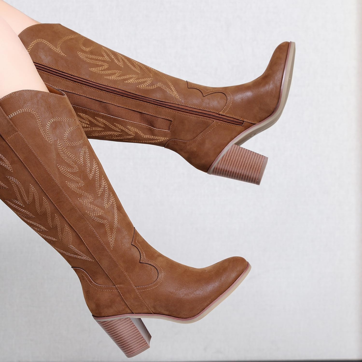 Luoika Women'S Extra Wide Calf Cowboy Knee High Boots，Wide Width Cowgirl Boots Chunky Pump Heel plus Size Western Tall Boots. image number 7