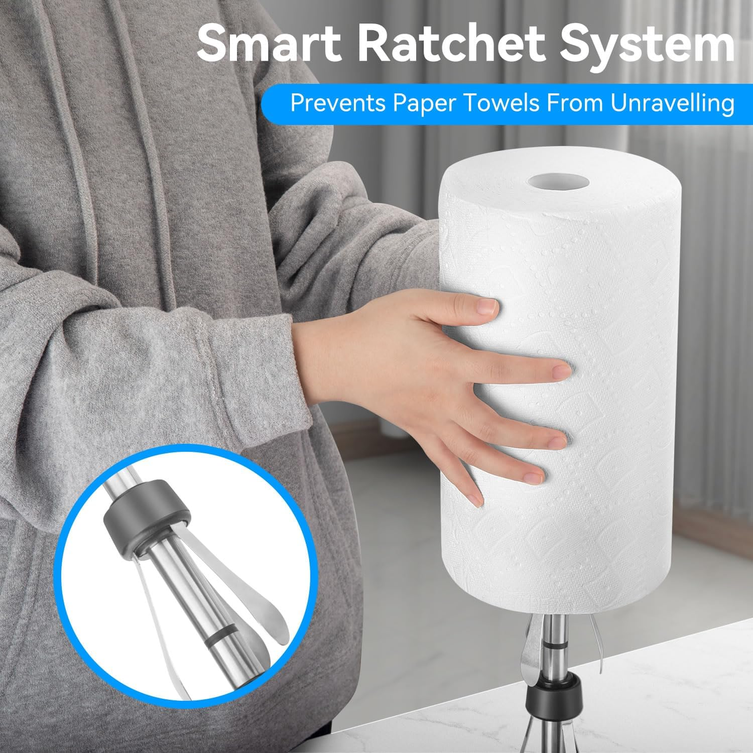 Stelive 11 Inch Paper Towel Holder, One-Handed Pull & Tear, Stainless Steel, Free-Standing Kitchen Roll Holder, Weighted Paper Towel Dispenser with Suction Cups Base, Suit for Any Roll Size (Silver) image number 3