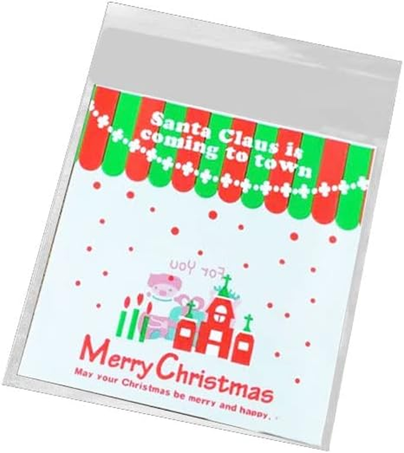 AIMALL 100PCS Christmas Cellophane Bag Party Favour Cookie Sweet Candy Biscuit Gift Bags - Food Grade, 10X10Cm + 3Cm