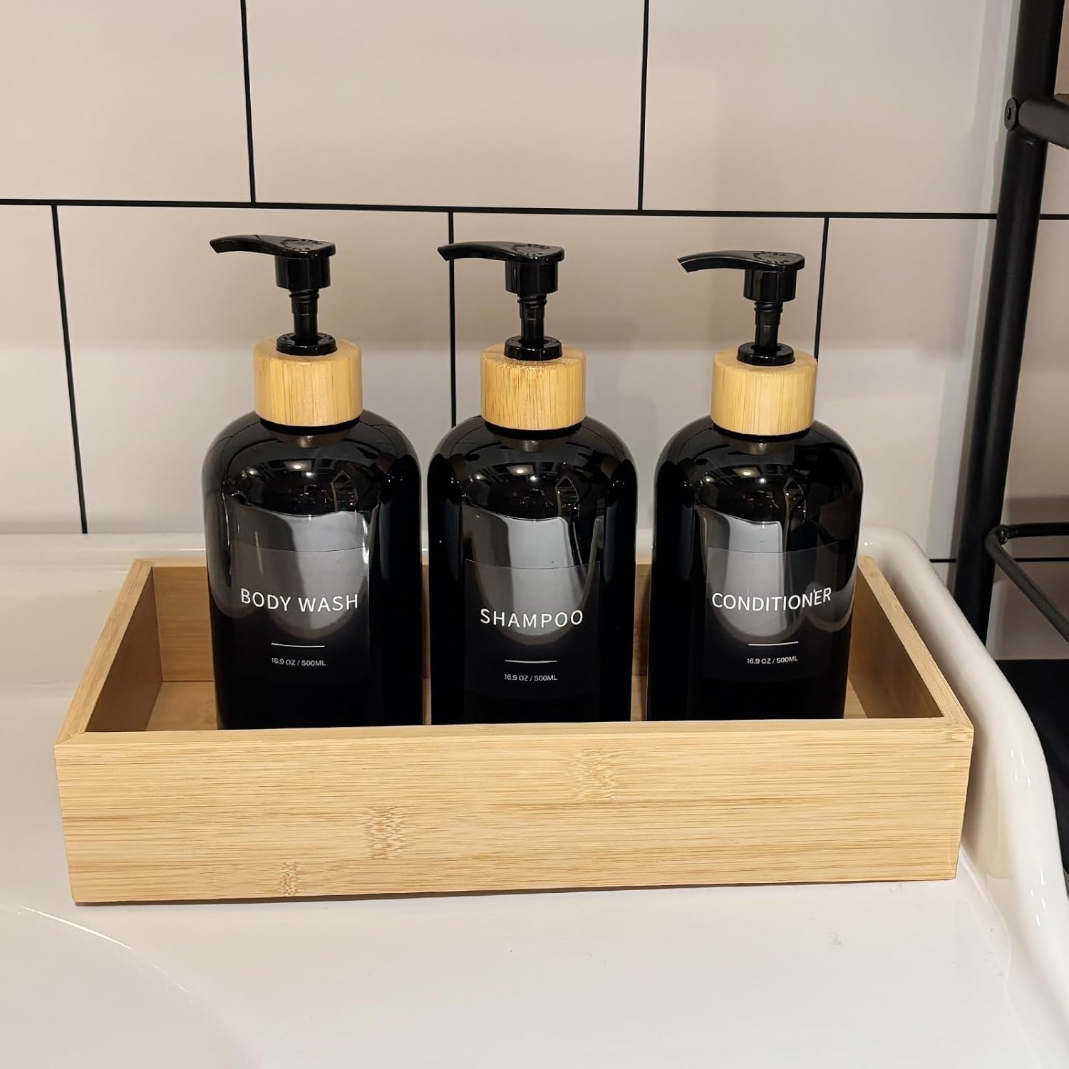 Shampoo and Conditioner Dispenser, Refillable Plastic Shampoo Pump Bottles with Waterproof Labels, Empty Body Wash Dispenser Set for Bathroom, Shower Soap Bottles (Black, Set of 3, 16.9Oz) image number 3