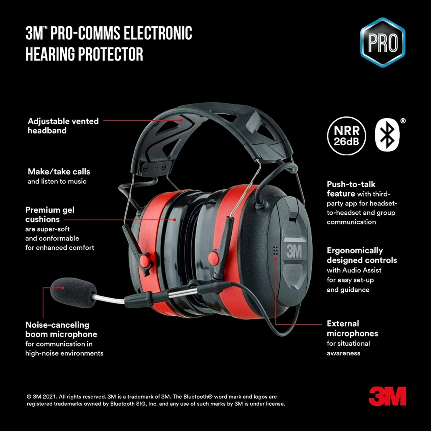 3M Pro-Comms Electronic Hearing Protection with Bluetooth Wireless Technology and External Microphones, Bluetooth Headphones, NRR 26 Db,Black/Red image number 3