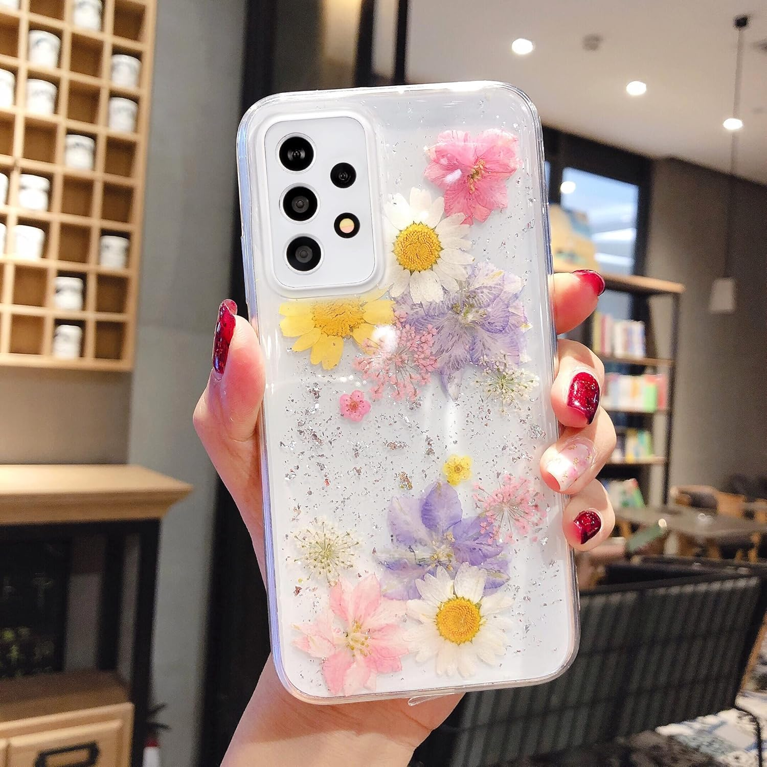 EYZUTAK Dried Flower Case for Samsung Galaxy S23, Soft Slim TPU Clear Sparkle Stars Glitter Silicone Gel Shockproof Flower Protective Case Light Blue