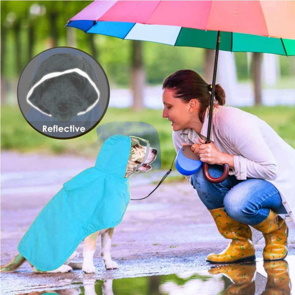 Olsdeeool Adjustable Waterproof Dog Raincoat with Reflective Strip, Lightweight Hooded Pet Rain Jacket with Portable Storage Pocket and Leash Hole (Blue,S)