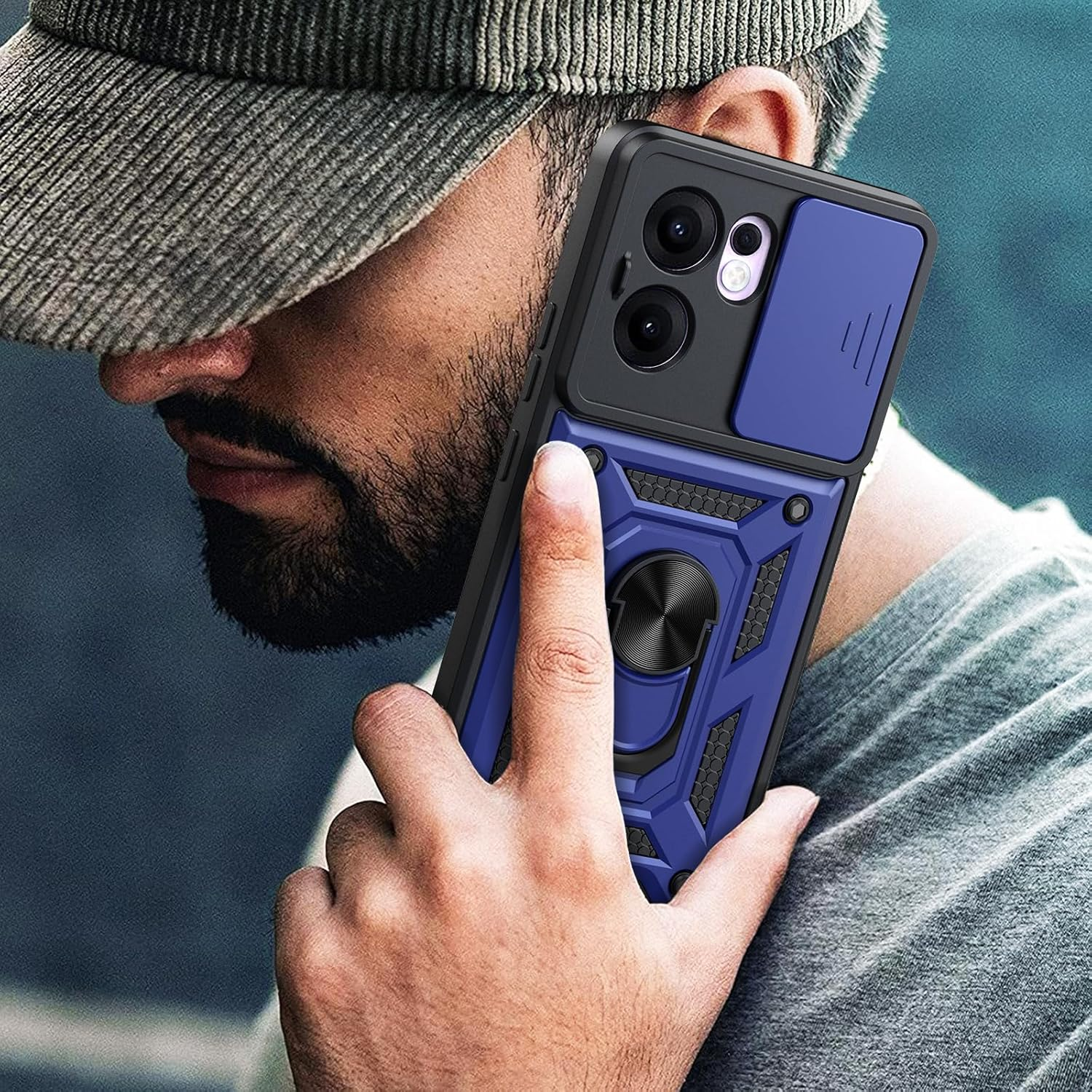 Oududianzi - Case for Oppo Reno 13 F 4G/5G Mobile Phone Case, [Pack of 2 Screen Protectors] with Sliding Camera Cover, Rotating Finger Ring Stand, Shockproof, Scratch-Resistant Protective Case - Blue - Black image number 7