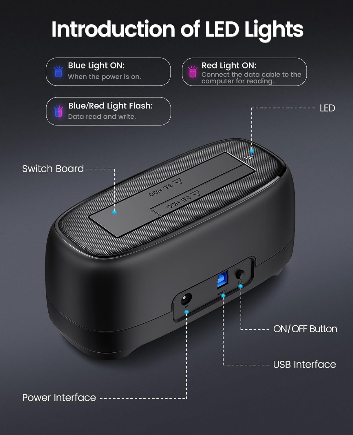 ORICO External Hard Drive Docking Station for 2.5/3.5 Inch HDD SSD USB 3.0 to SATA Hard Drive Dock up to 20TB Support UASP 12V Power Adapter image number 4