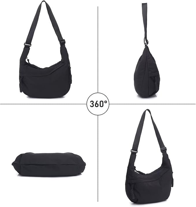 Casual Crescent Hobo Shoulder Bag, Black Canvas, Adjustable Strap