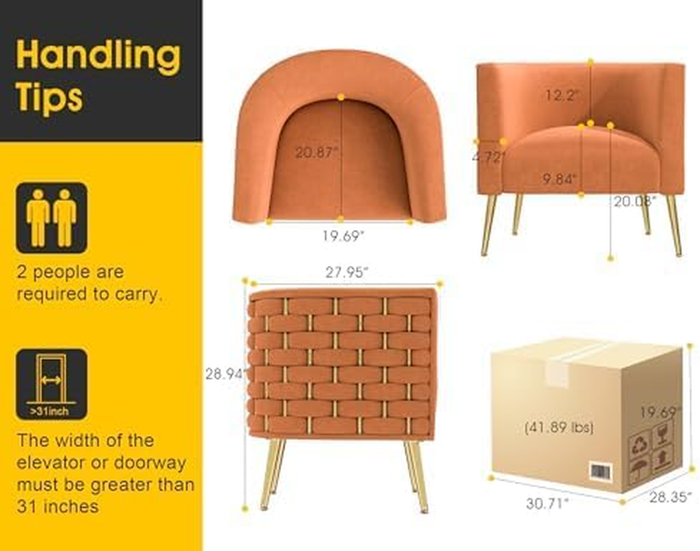 Modern Velvet Barrel Accent Chair, Comfy Wide Handmade Woven Bucket Arm Chair, Fluffy Tufted Upholstered Single Sofa Chair for Living Room, Bedroom, Office, Waiting Room(Orange) image number 5