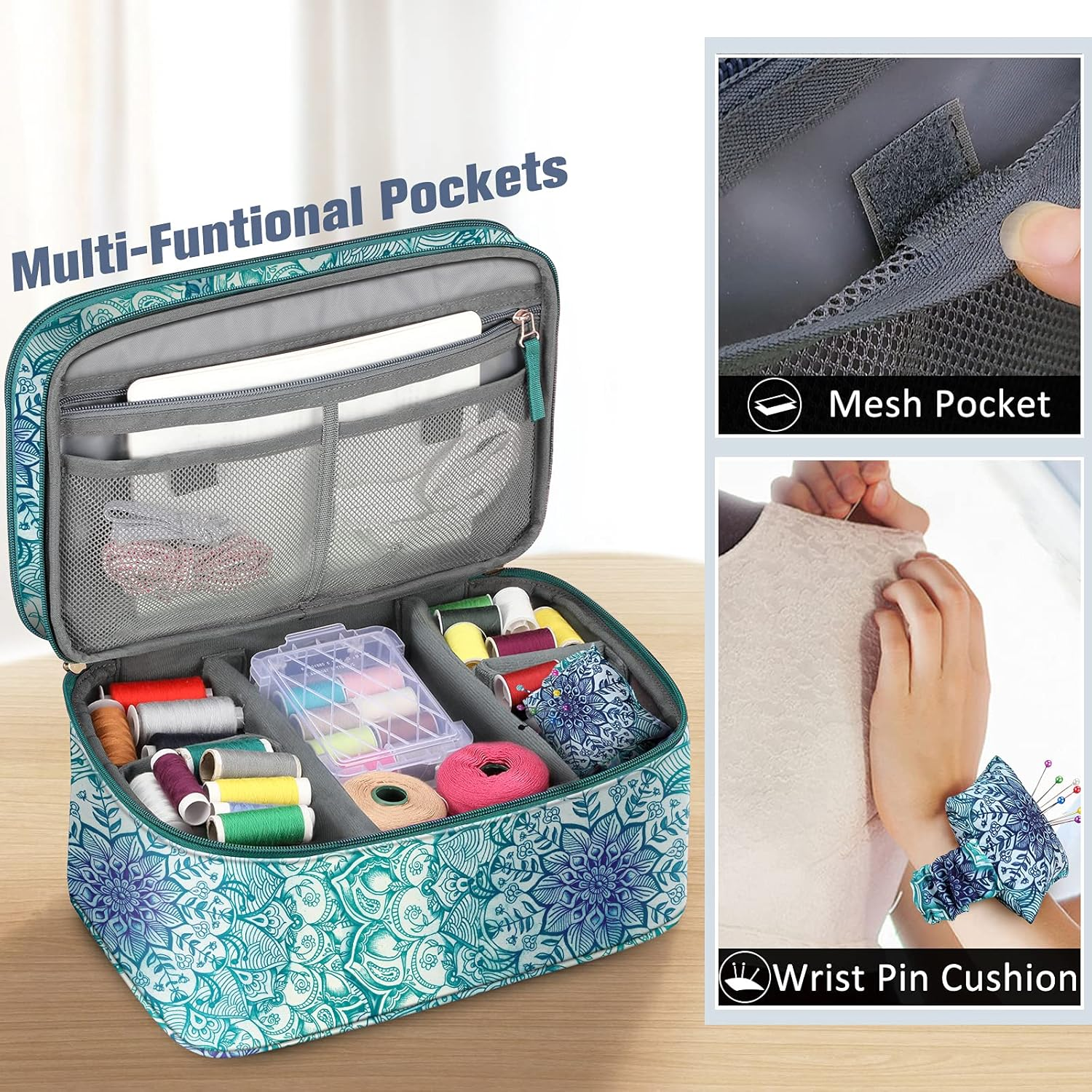 FINPAC Sewing Accessories Storage and Organizer Case, Double-Layer Sewing Kits Carrying Bag with Wrist Pin Cushion for Threads, Needles, Embroidery Floss Supplies, Felting Kits (Emerald Illusions) - Spring Bloom image number 7
