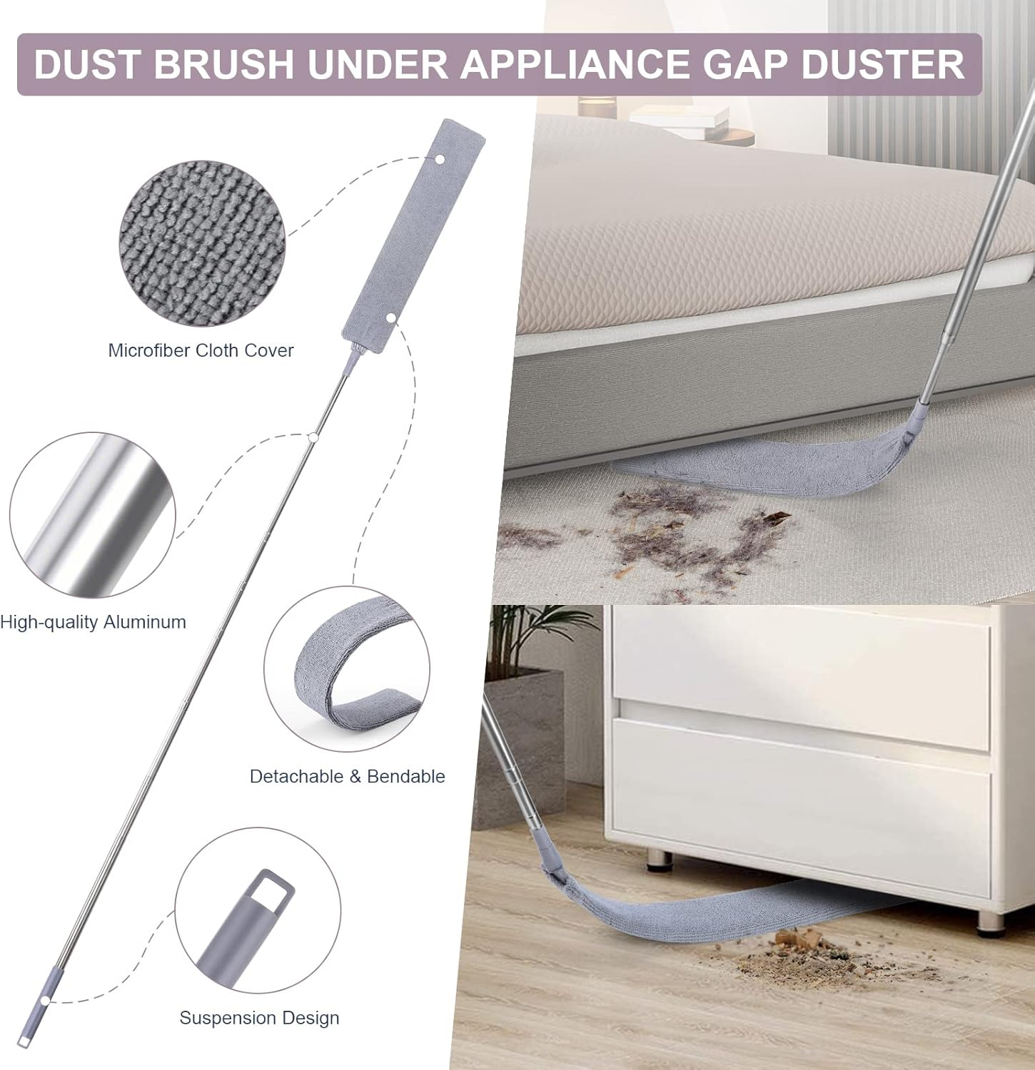 Retractable Gap Dust Cleaner, Duster Flat Mop up to Extendable and Two Microfibre Covers, Retractable Gap Dust Cleaner for under Sofa, Cabinets, Bed, Household Gap Dust image number 1