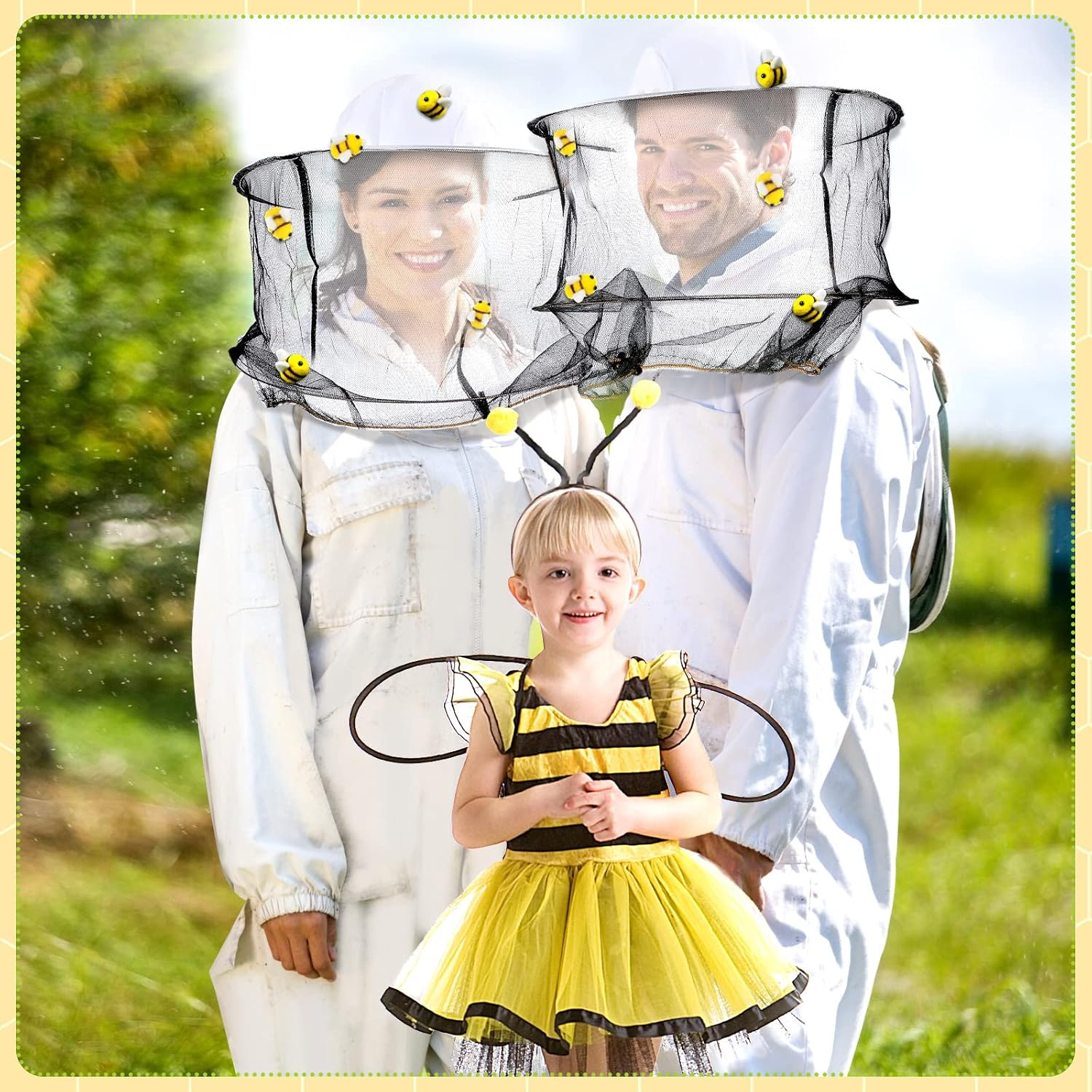 Unittype 22 Pcs Beekeeper Set Including 2 Bee Hat and Veil, 10 Wool Felt Bee, 10 round Double Sided Tape Beekeeping Helmet Bug Insect Hats with Netting for Beekeeper Catcher Halloween Costume image number 2
