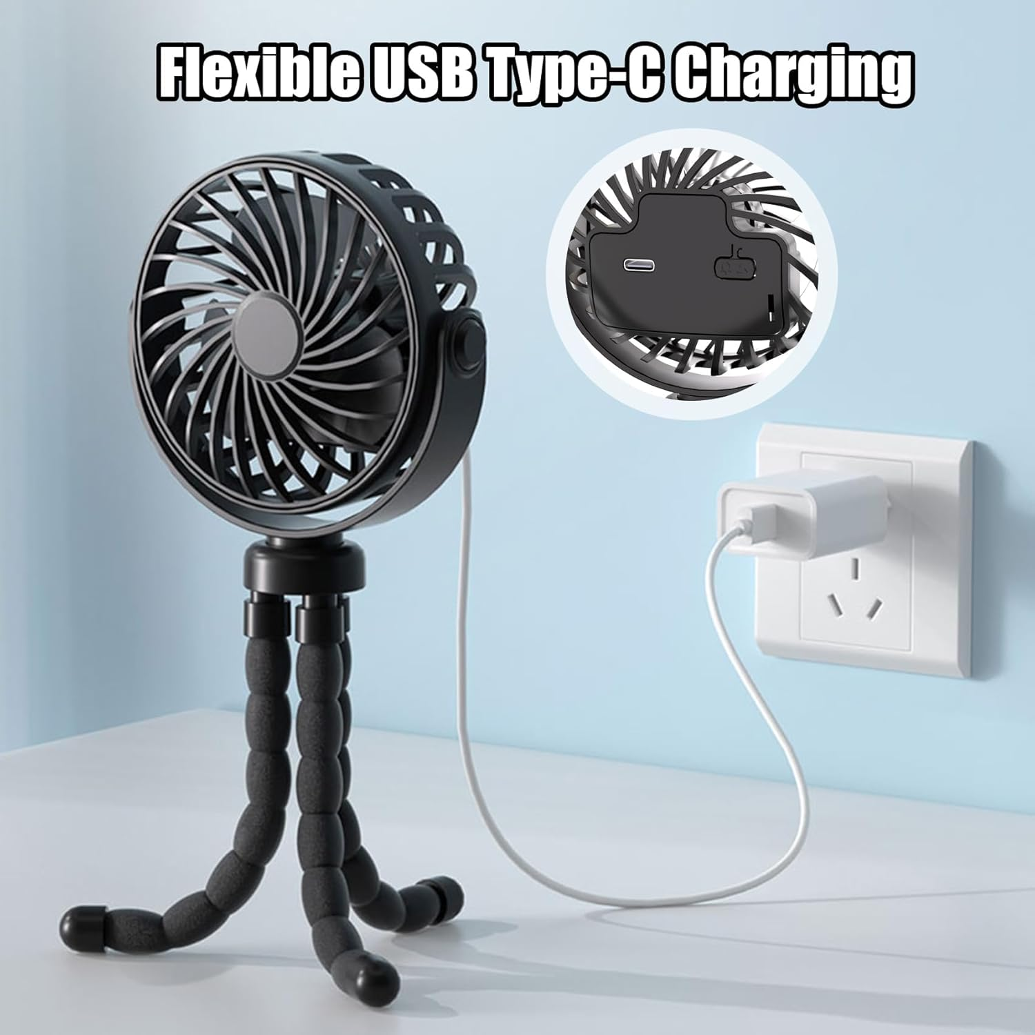 Portable Mini Handheld Stroller Fan, 2000Mah Baby Stroller Fan Car Seat Fan with Flexible Tripod, USB or Battery Powered Desk Fan for Bike Crib Treadmill Travel image number 5