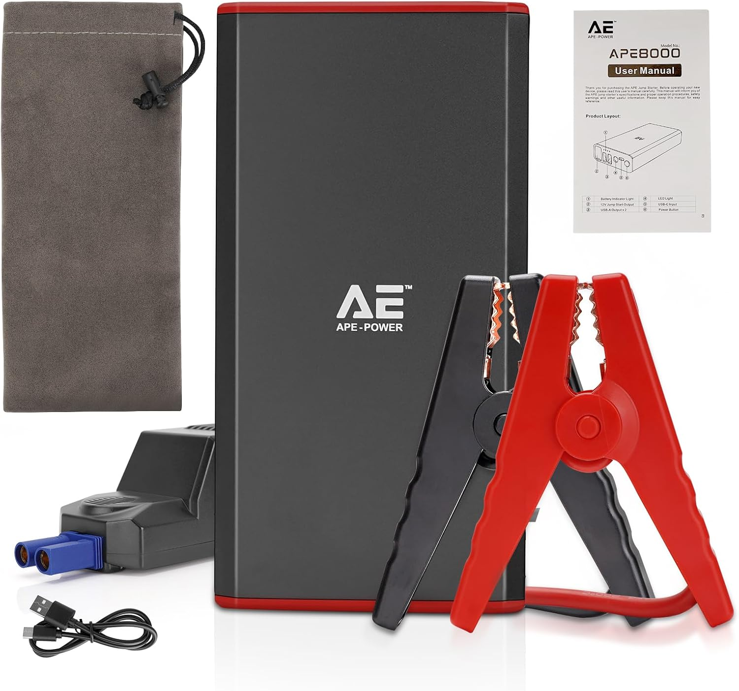 AE APE-POWER 8000Mah Car Jump Starter & Portable Charger - 1000A Peak, 29800Mah Power Bank, USB-A/C, LED Light, Safe Cables, for 5.0L Gas & 3.0L Diesel Engines