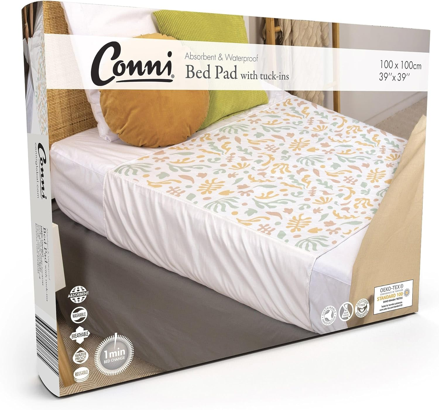 Conni Reusable Bed Pad with Tuck-Ins, Absorbent, Waterproof and Washable Protector Pad for Incontinence, Bed Wetting and Perspiration, Teal Blue, 100 X 100 Cm