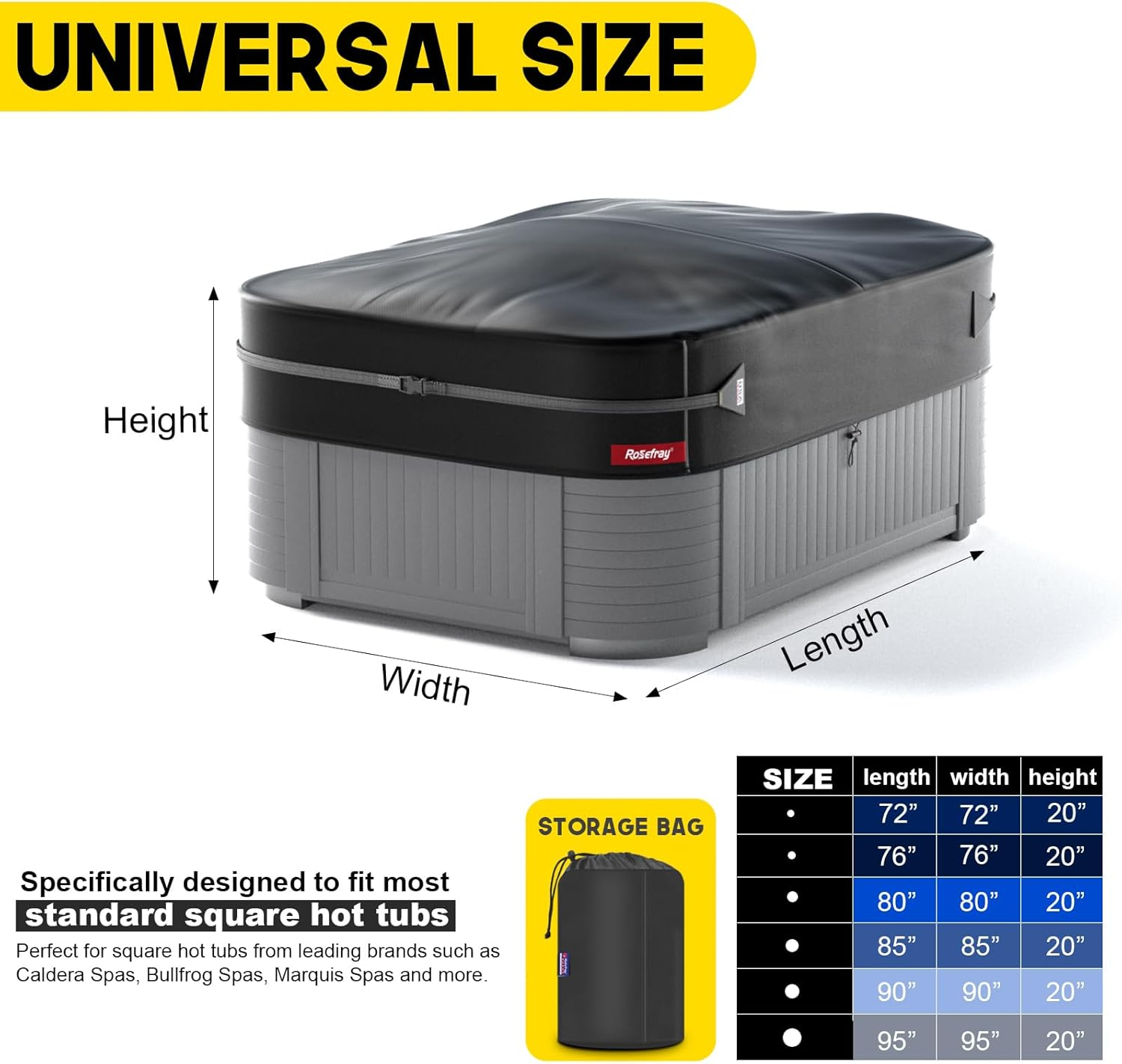 Rosefray 76"X 76" Waterproof Square Hot Tub Cover - 420D Heavy Duty Outdoor SPA Covers Windproof Black image number 1