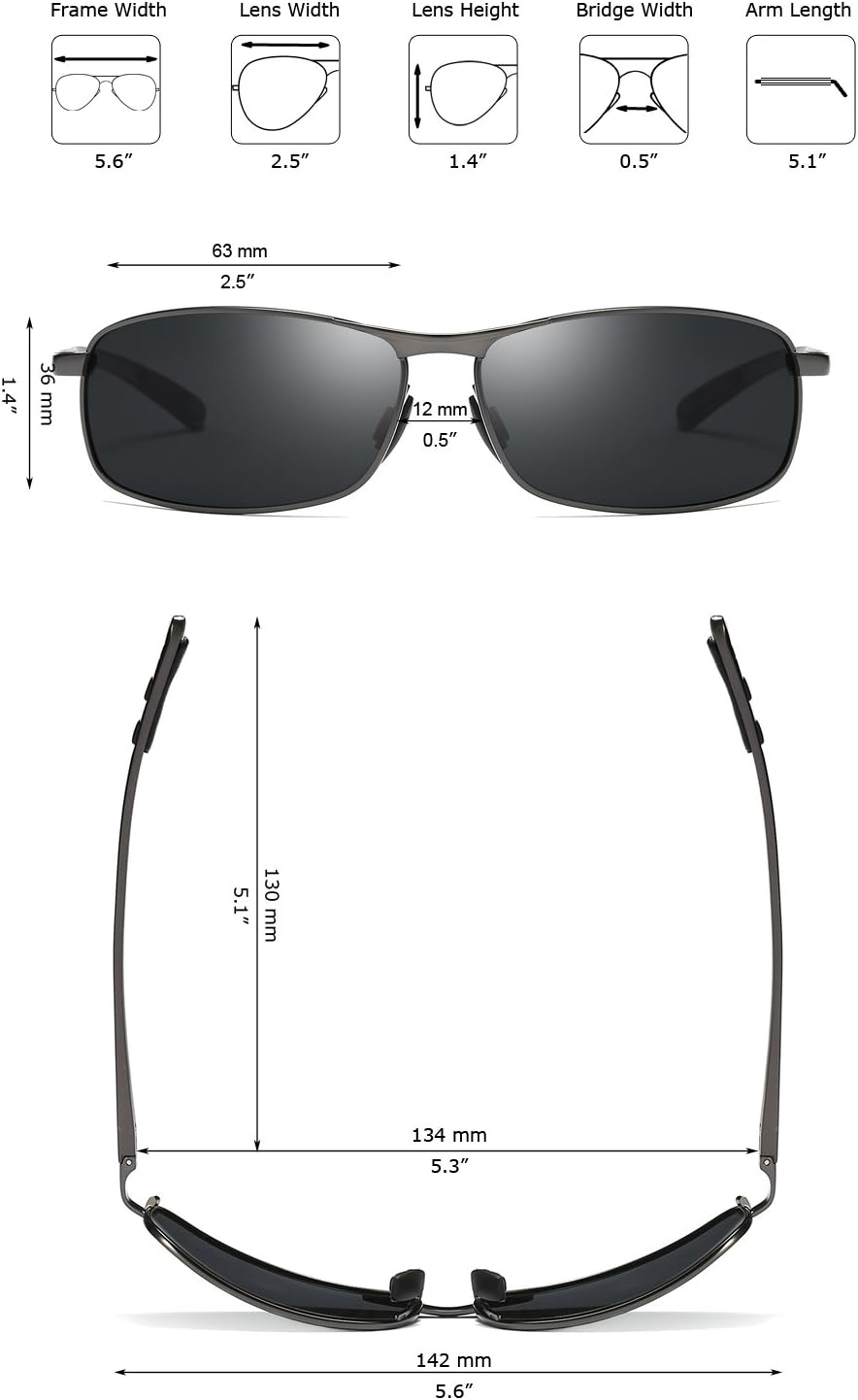 ZHILE Rectangular Polarized Sunglasses Al-Mg Alloy Temple Spring Hinge UV400 (Gunmetal, Gray) image number 2