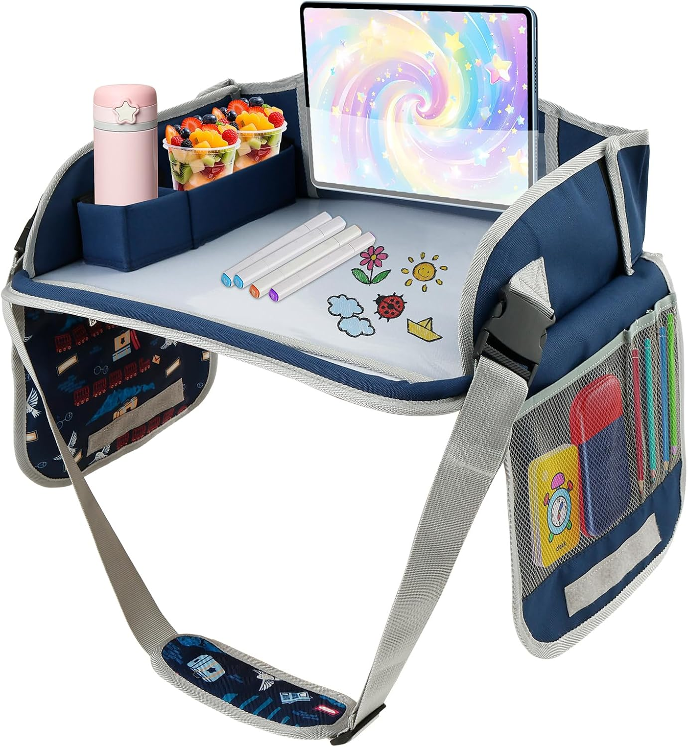 Kids Travel Tray for Toddler Car Seat, Easy to Install Toddler Lap Desk Travel with Adjustable Strap Portable Kids Lap Desk Tray for Car Road Trip Activities (Pink, Style B)