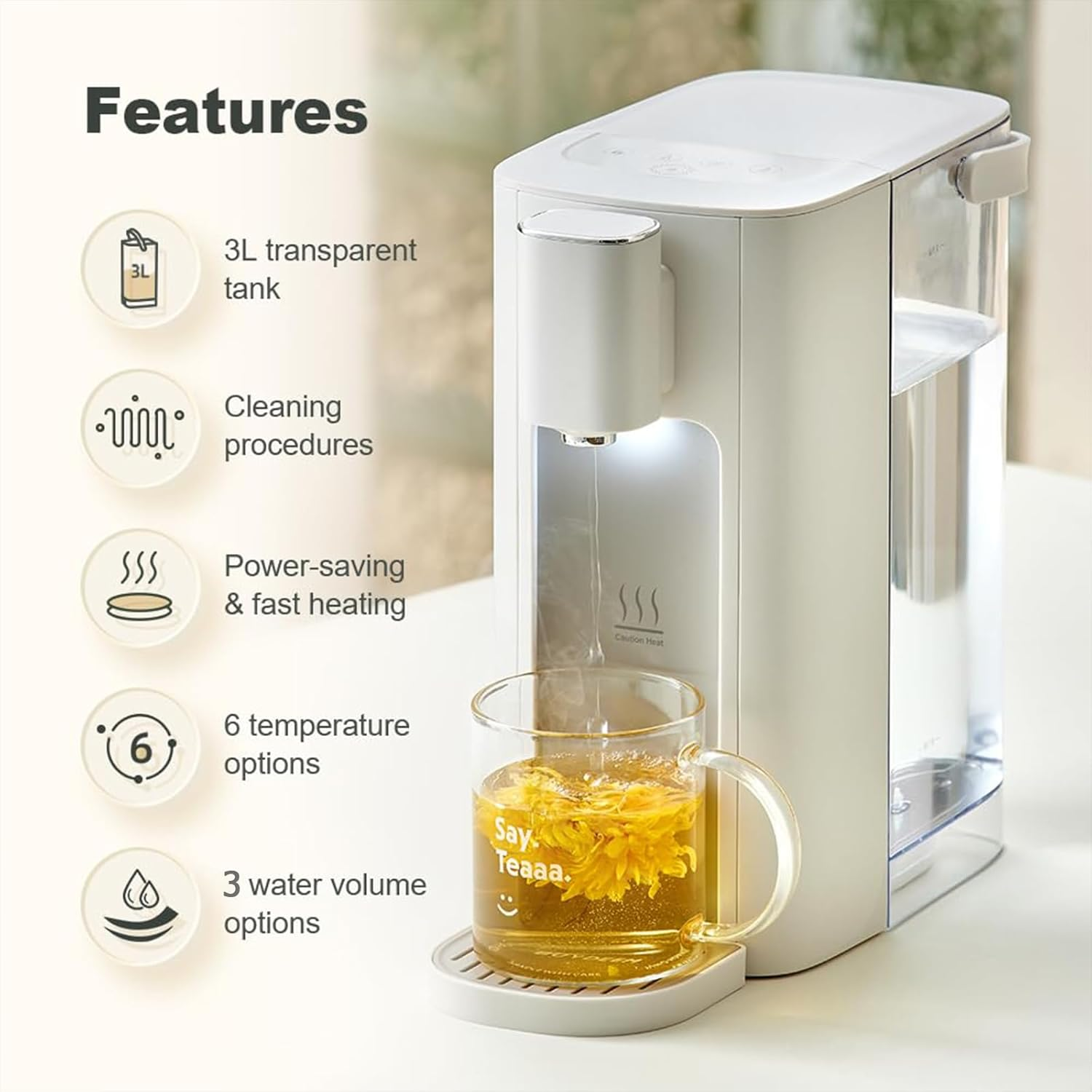 Bear Instant Hot Water Dispenser, Adjustable 6 Temperatures & 3 Water Outputs, 2200W Fast Boil, for Tea, Coffee and Baby Formula, 3L Water Tank, One-Click Self-Cleaning image number 4