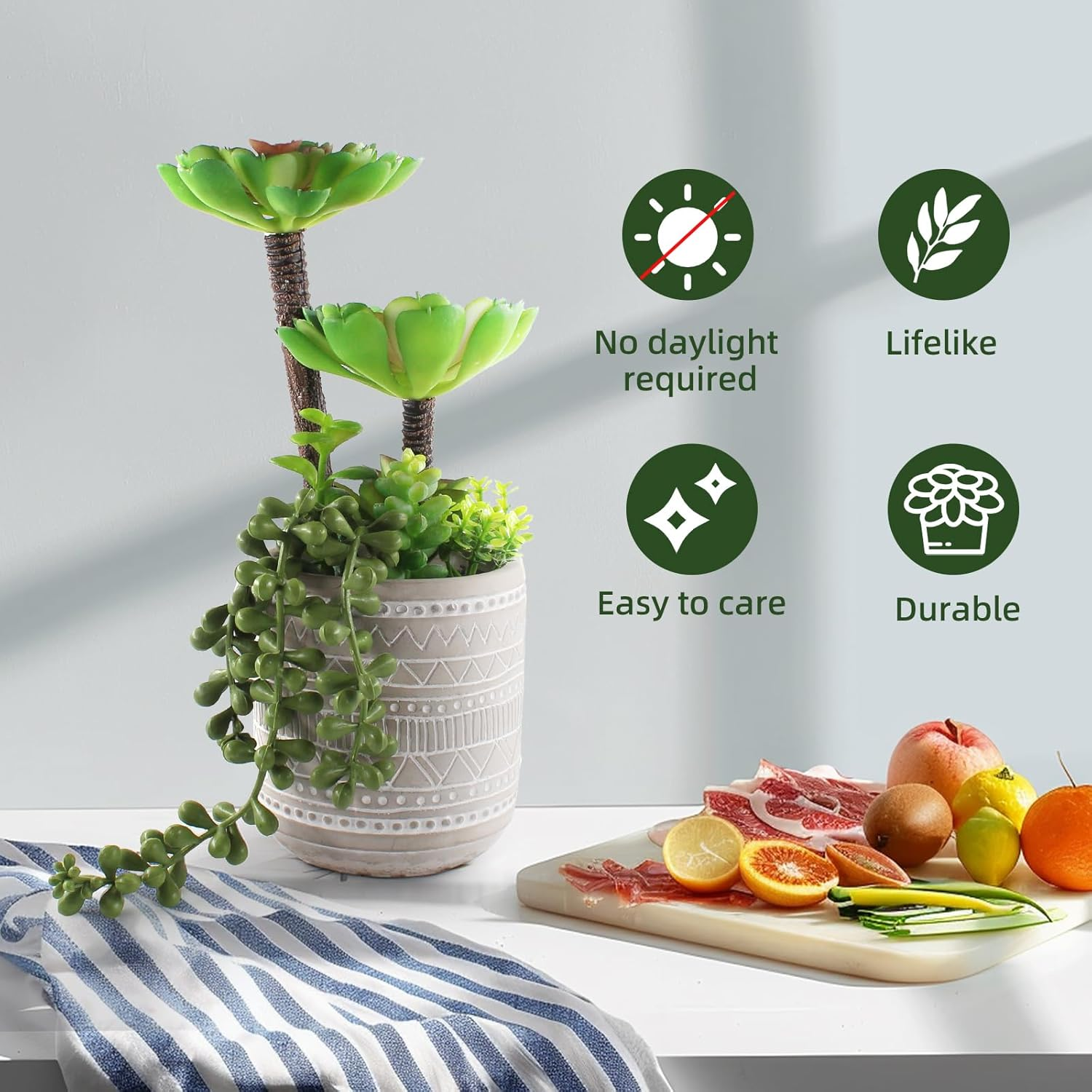 Artificial Succulents 11 Inch Fake Green Plants Premium Realistic Textured Faux Succulents String of Pearls Potted Ceramic Plant for Home Decor Table Centerpiece ﻿ image number 2