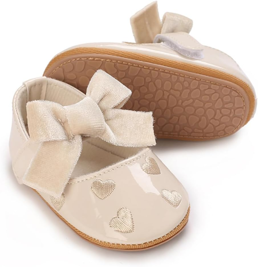Clowora Infant Toddler Baby Girl Dress Shoes Mary Jane First Walking PU Leather Princess Wedding Rubber Sole Non-Slip with Bowknot Floral Flats