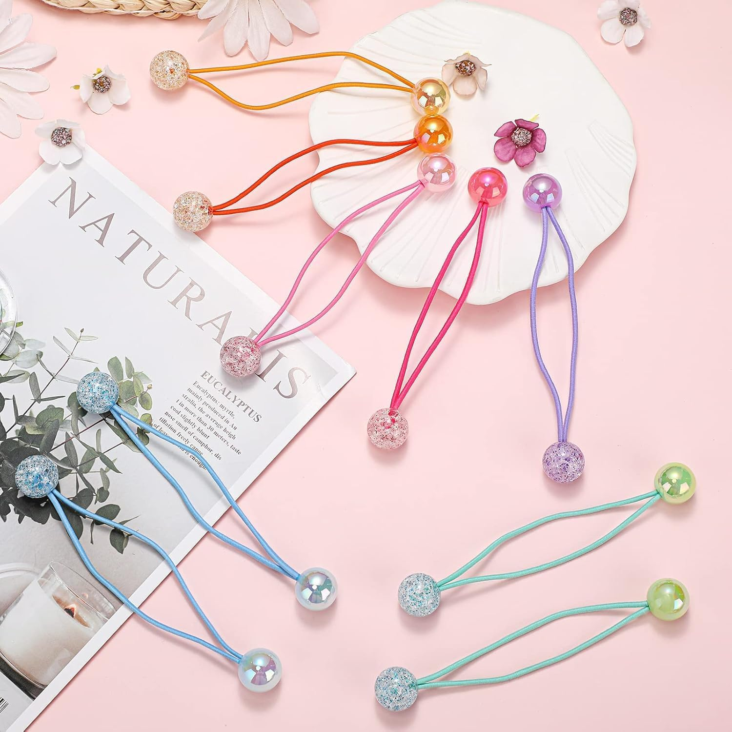 14Pcs Girl Double Balls Elastic Ponytail Holders, Large round Twin Bead Hair Ties, Bright Multicolored Bauble Hair Elastics for Toddler Kids, Value Pack for Stylish and Secure Hairstyles image number 2