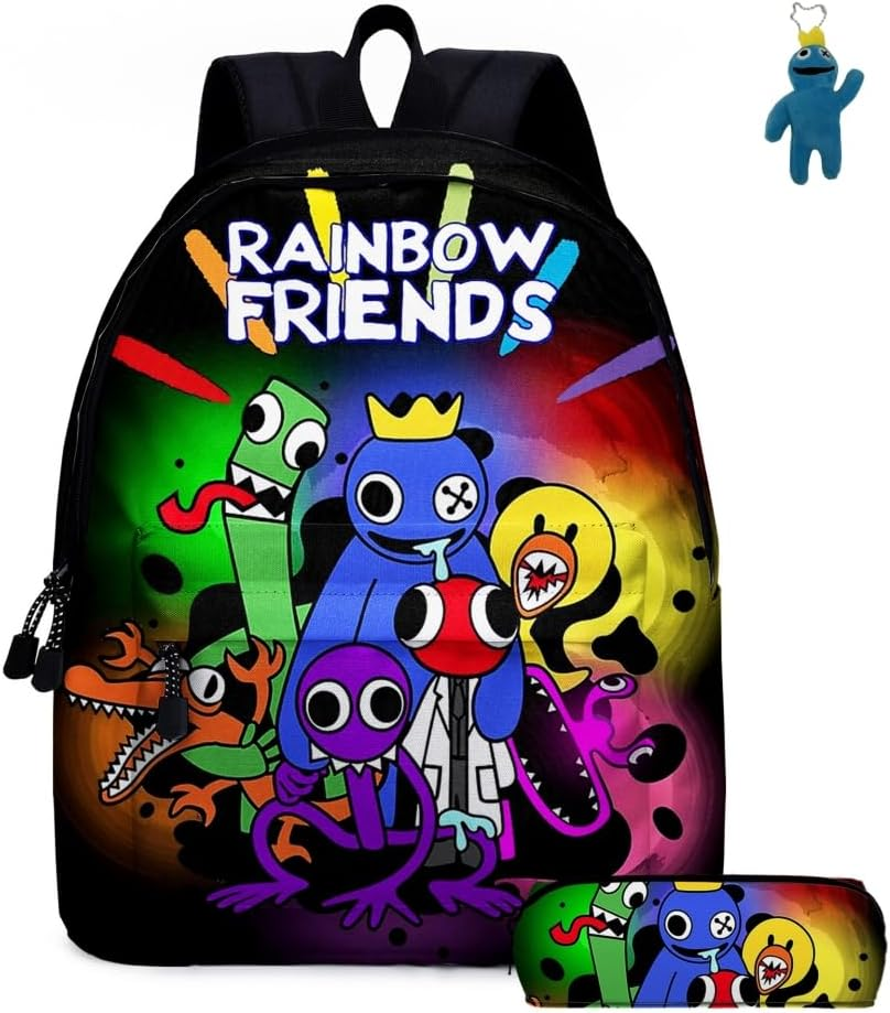 2Pcs Anime Game Rainbow Backpack with Friends Keychain,16In 3D Printed Cartoon Laptop Bag Casual Daypack Travel Backpacks.