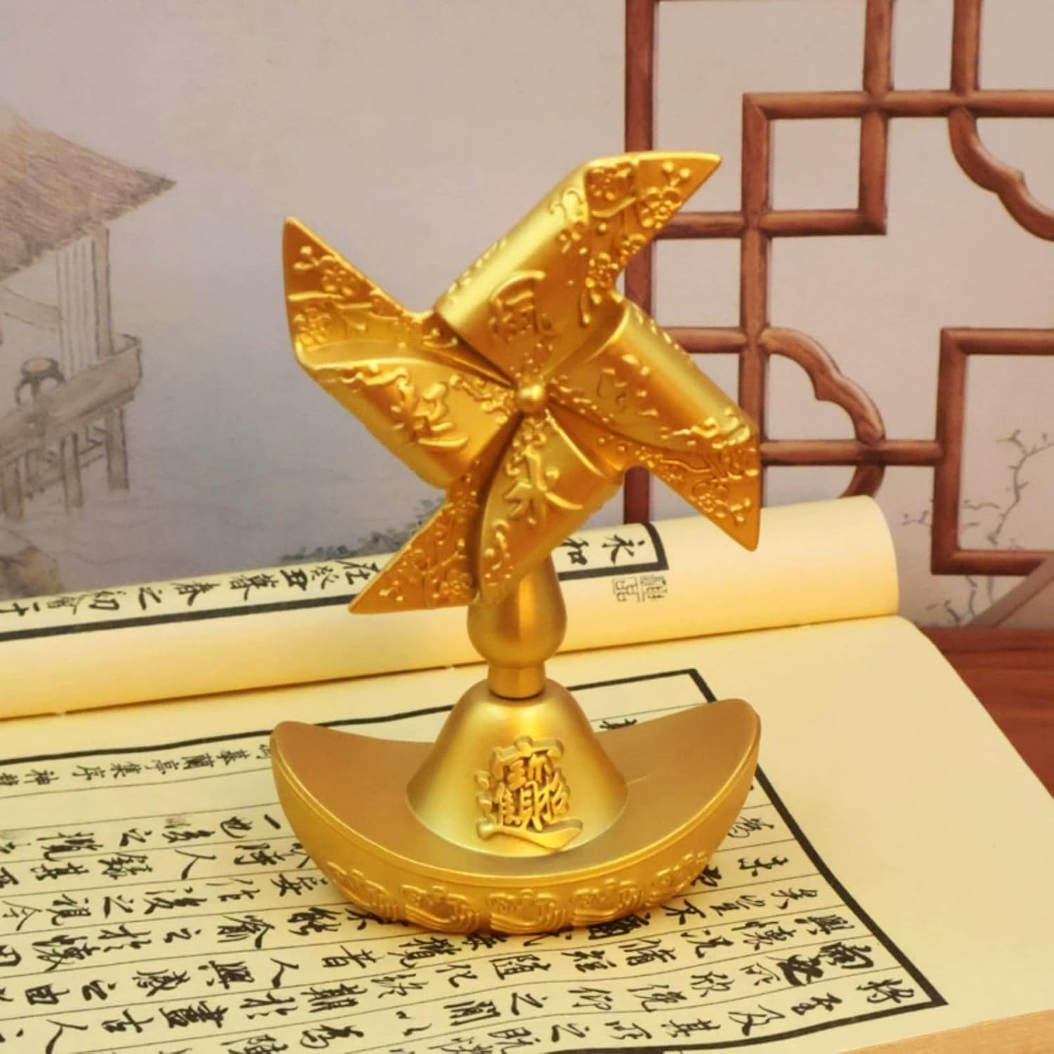 Chiorgone Windmill Feng Shui Decor &ndash; Lucky Windmill Gift, Feng Shui Wealth Figurine, Gold Ingot Windmill Decoration for Home & Office, Prosperity Ornament image number 3