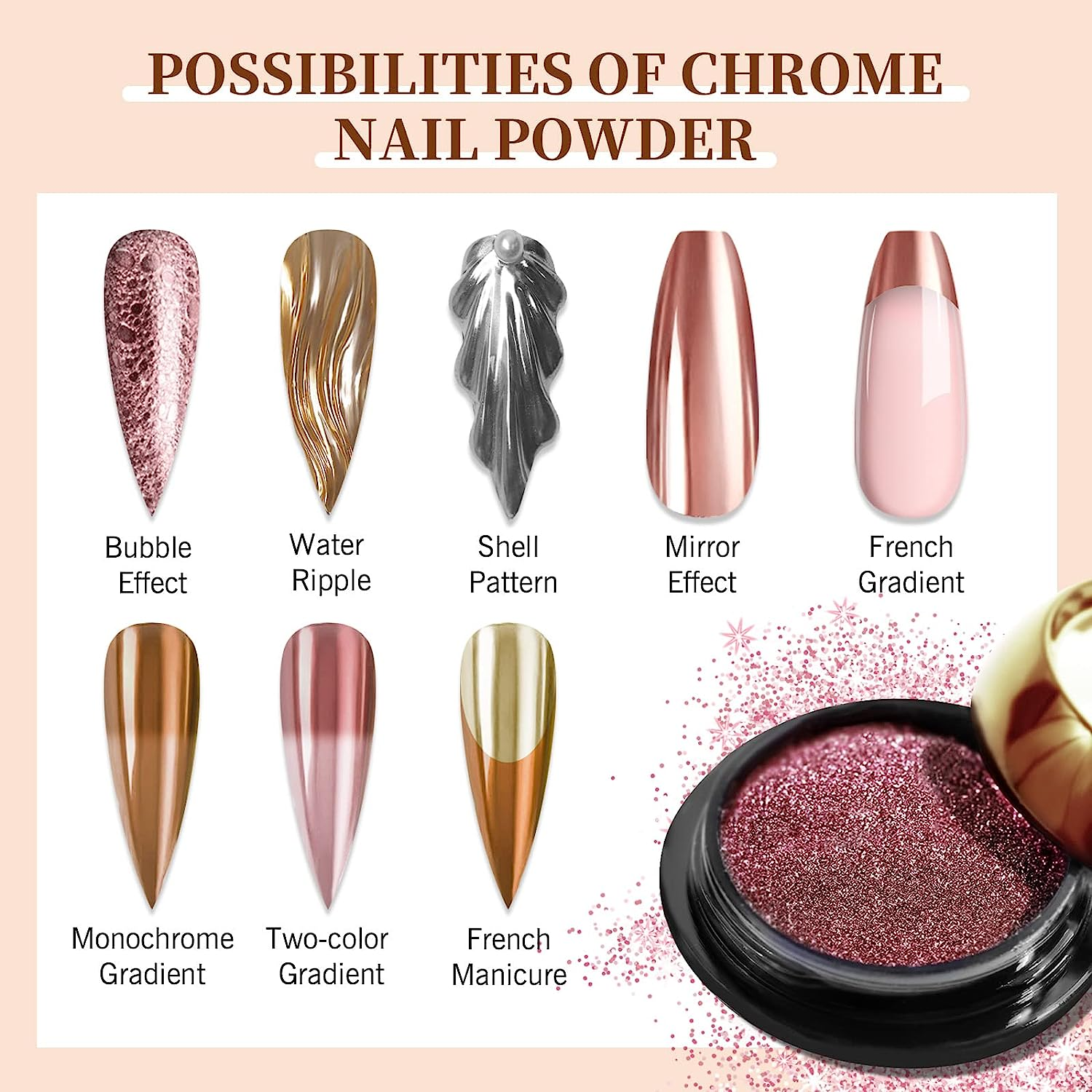 SAVILAND Chrome Nail Powder Set - 6 Colors Rose Gold Chrome Nail Powder Holographic Metallic Mirror Nail Effect Manicure Pigment for Nail Decoration Salon Home DIY image number 5