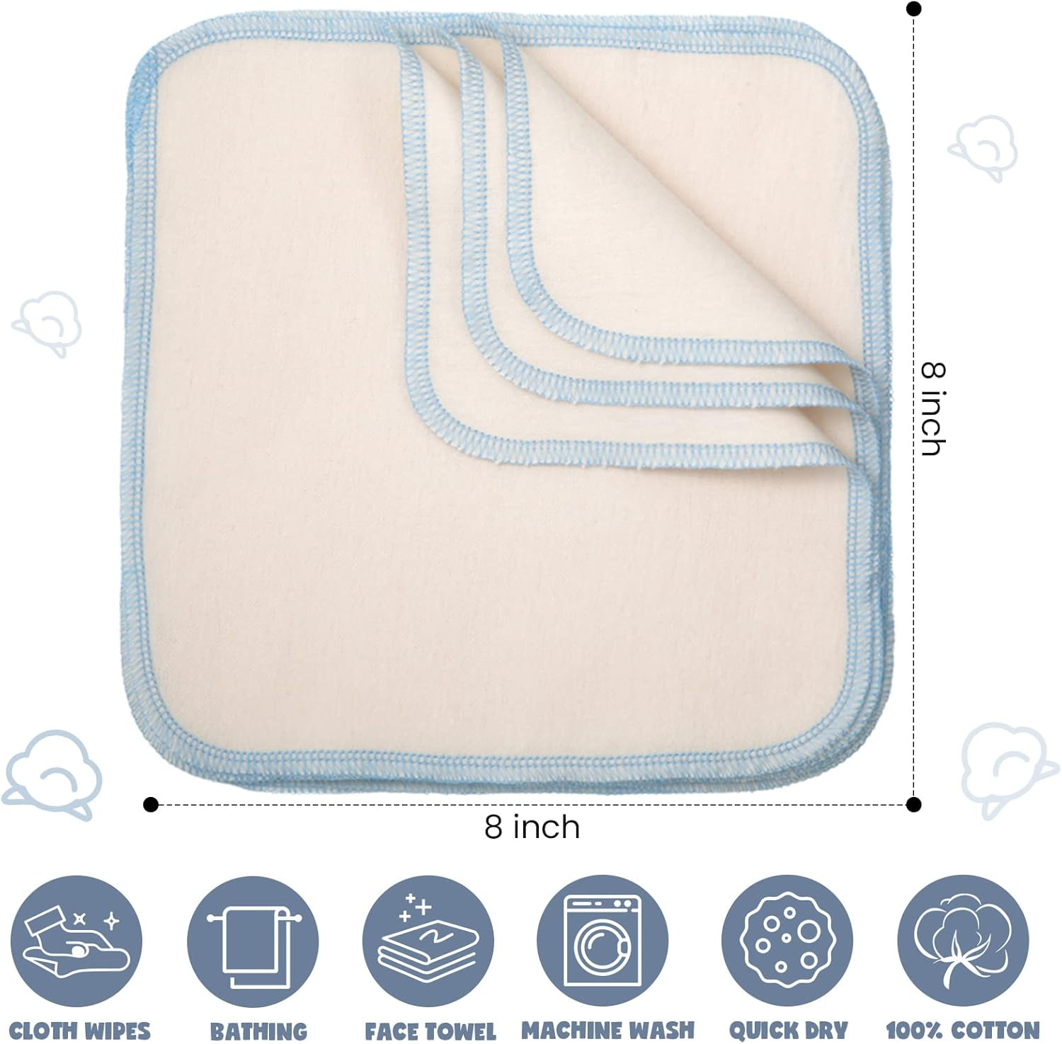 Zopeal 64 Pcs Flannel Cloth Baby Wipes Reusable Dispenser Washable Soft Natural Unbleached Baby Face Cloth Wipes 8 Colors Outer Stitching 8 X 8 Inches image number 5