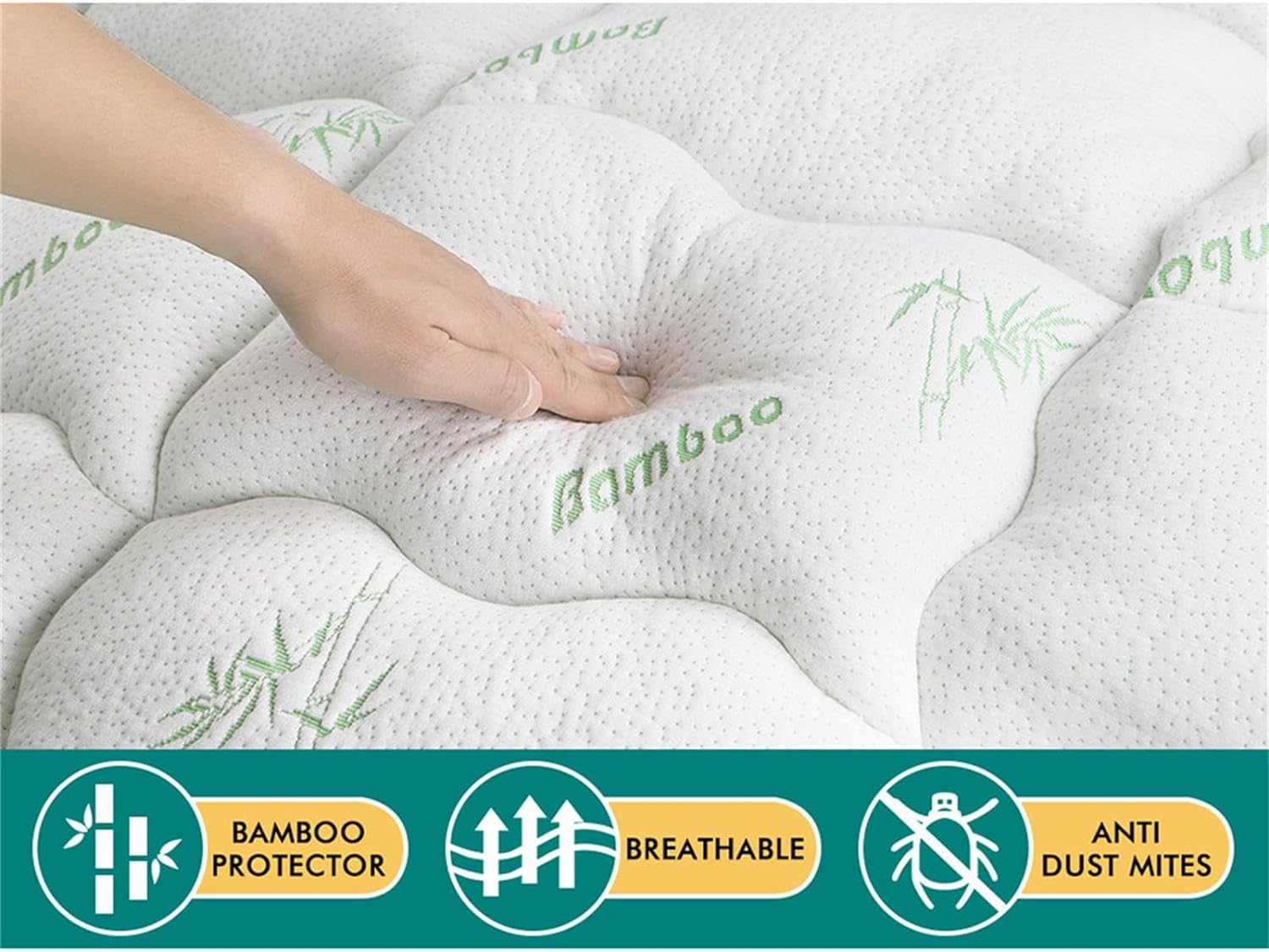 STARRY EUCALYPT Pillowtop Mattress Topper 7.5Cm Thick with Fabric Cover King Size, 1000GSM Microfibre Bamboo Fibre Filling Pillow Top Mattress Topper, Beddings Bed Mat Pad, White & Bamboo Pattern image number 4