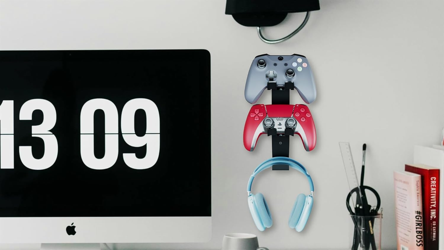 GM-G 3-In-1 Wall Mount Gaming Stand, Dual Controller Holder & Headphone Hanger, Gamepad Storage Rack Compatible with PS5, Switch, Wall Organizer for Gaming Accessories. (White)