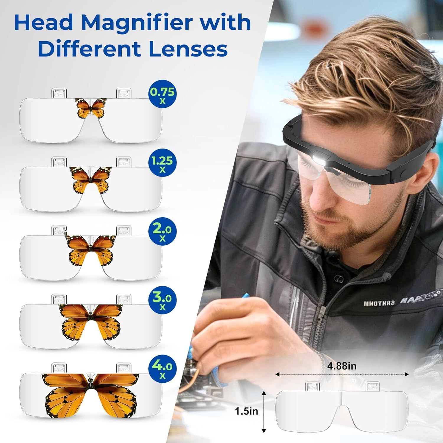 Magnifying Glass with Light Hands Free, Rechargeable Magnifying Glasses Headset with 5 Detachable Lenses Magnifier for Close Work, Reading, Jewelry Making Crafts image number 1
