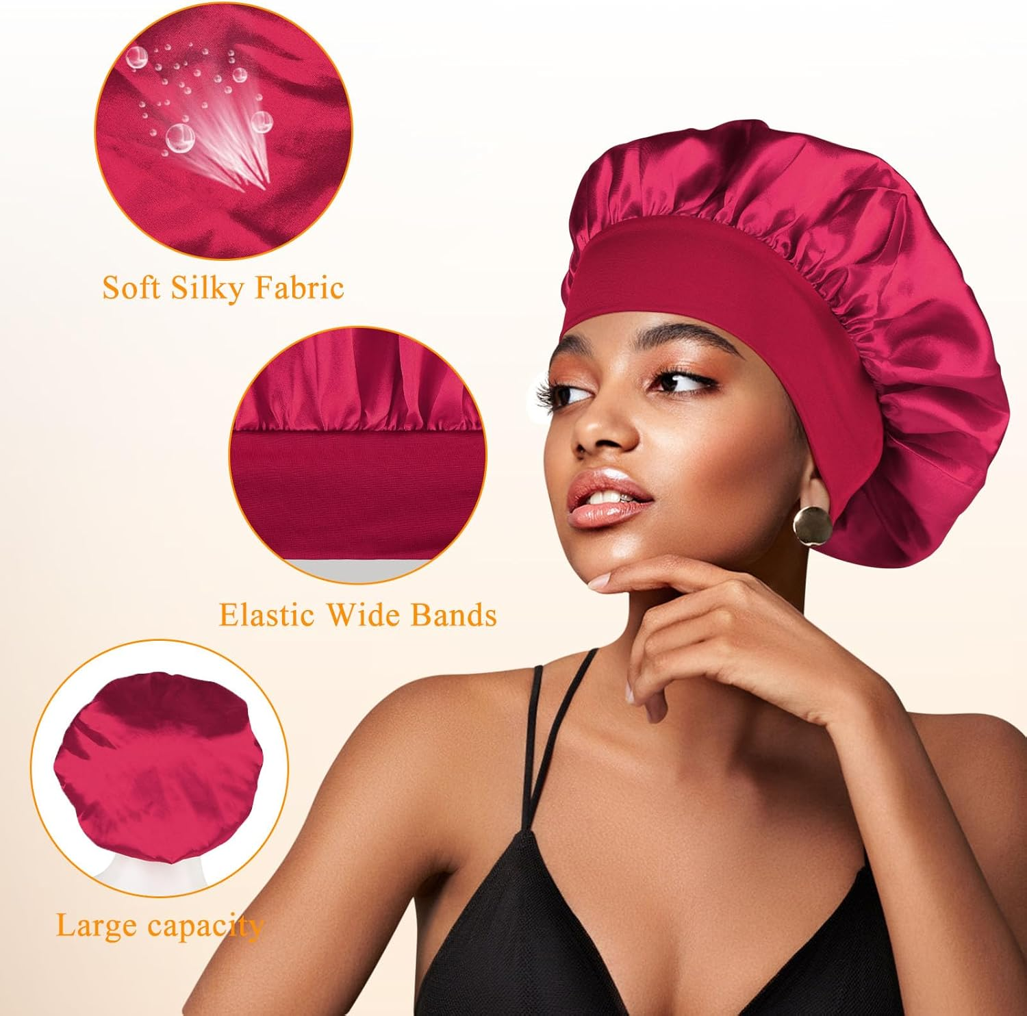 2 Pcs Silk Hair Wrap for Sleeping, Stain Bonnets Hair Bonnet with Wide Elastic Band, Soft Night Sleep Cap for Women Girls, Curly Hair Care Head Cover for Night Sleep (Black+Beige) - Black+Navy Blue image number 4