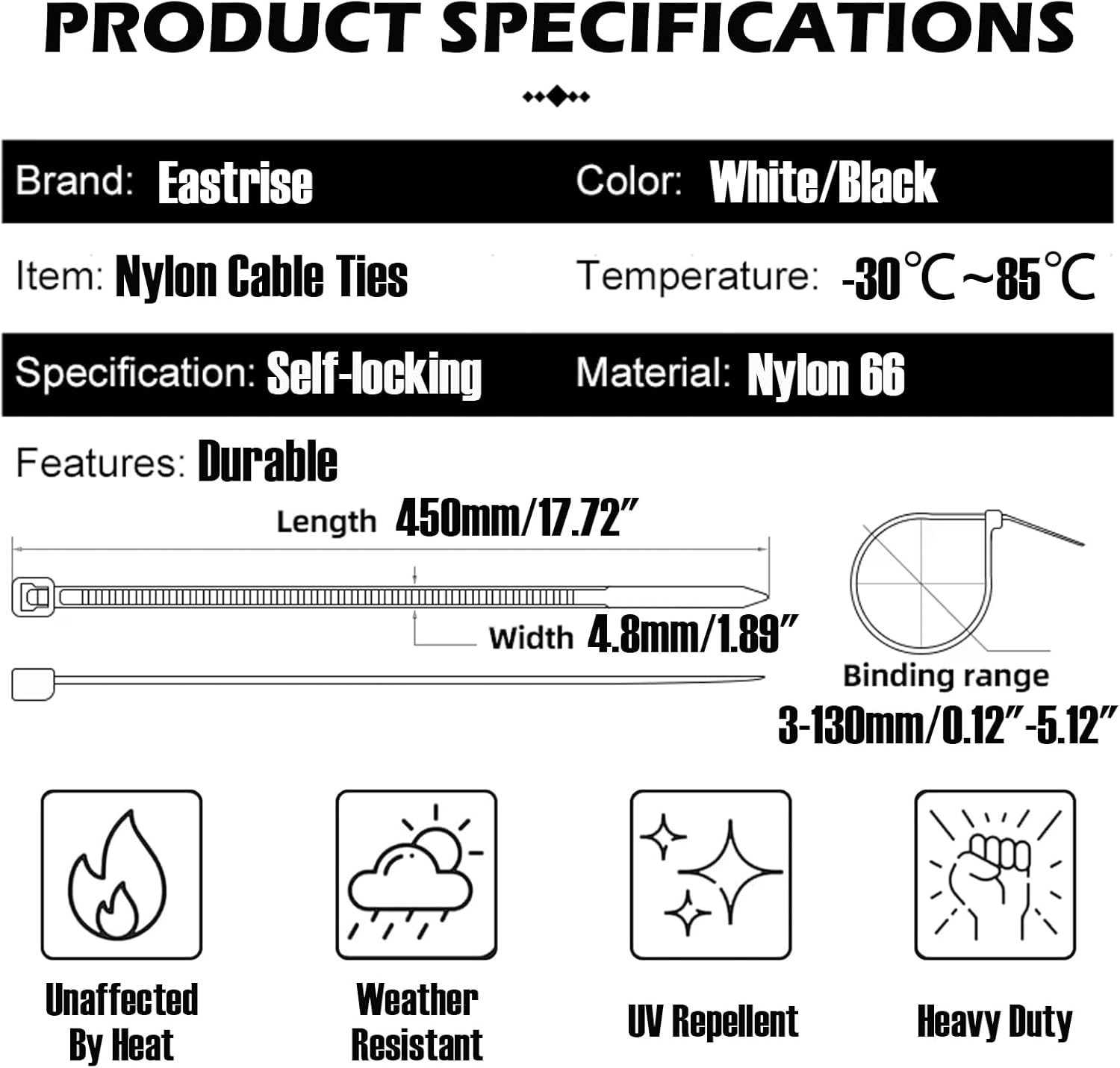 Eastrise Cable Ties,Thick Heavy Duty Large Strong Nylon Plastic Self Locking,450Mm&times;4.8Mm,(18 Inch/45 Cm) Extra Long Zip Tie Wraps(50 Pack/White) image number 6