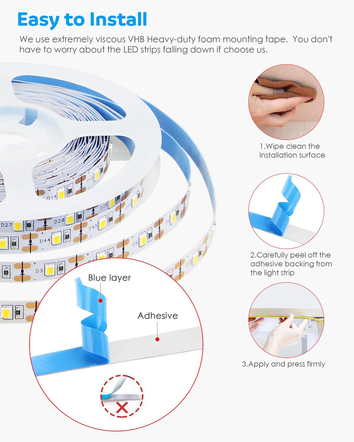 Aclorol LED Strip with USB Connection 5 M Warm White 3000 K 60 Leds/M Dimmable LED Strip Self-Adhesive 8 Mm Wide Flexible for Kitchen Cabinets Mirror Display Cabinet Bed Backlight