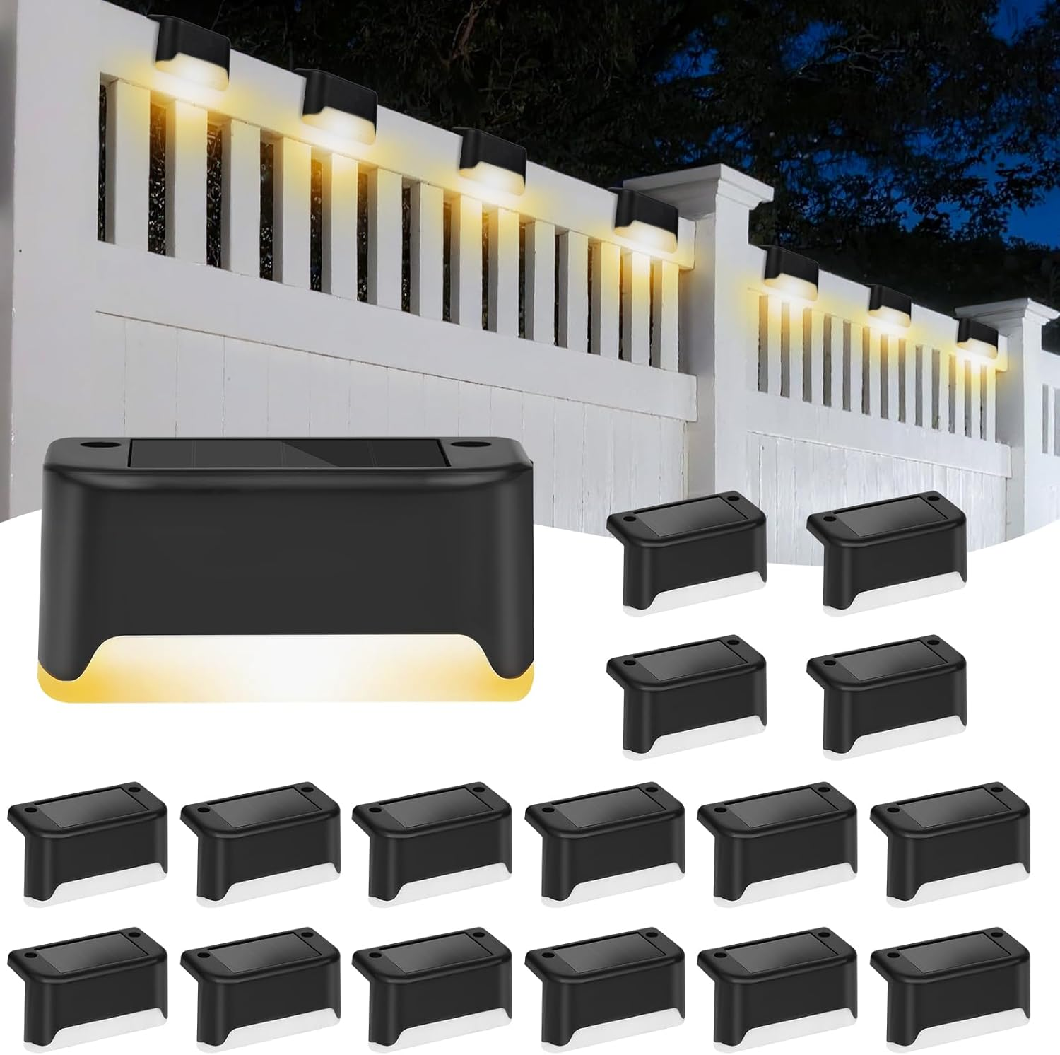 JEWOSTER Solar Fence Lights Outdoor - Waterproof LED Solar-Powered Deck Lights, Solar Step Lights for Fence, Patio, Yard, Porch and Garden - 16 Pack, Warm White image number 3