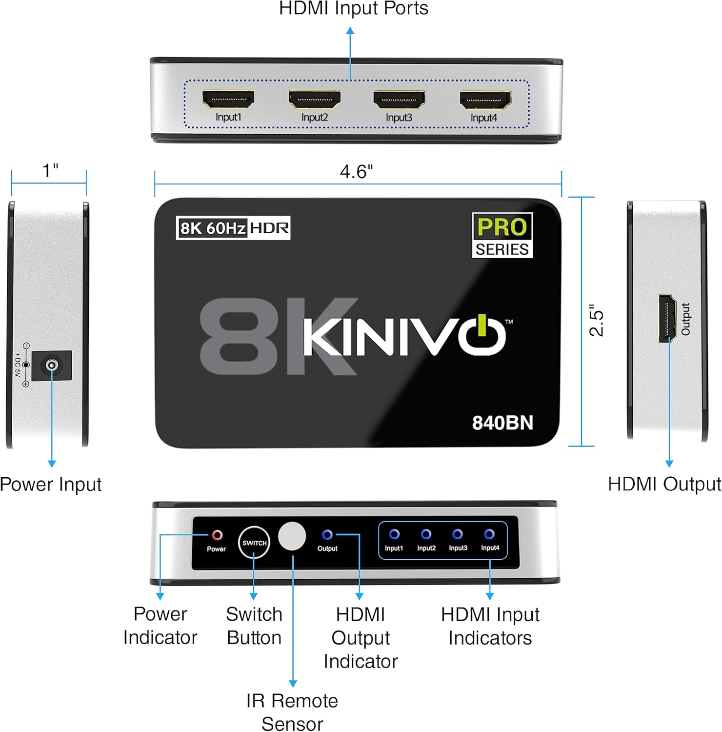Kinivo 8K HDMI Switch with Remote 4 in 1 Out (4 Port, 8K 60Hz, 4K 120Hz HDMI Switcher, 48Gbps, HDR 10+, Dolby Atmos, HDCP 2.3) - HDMI 2.1 Switch Box Compatible with HDTV, PS5, PS4, Xbox, Apple TV