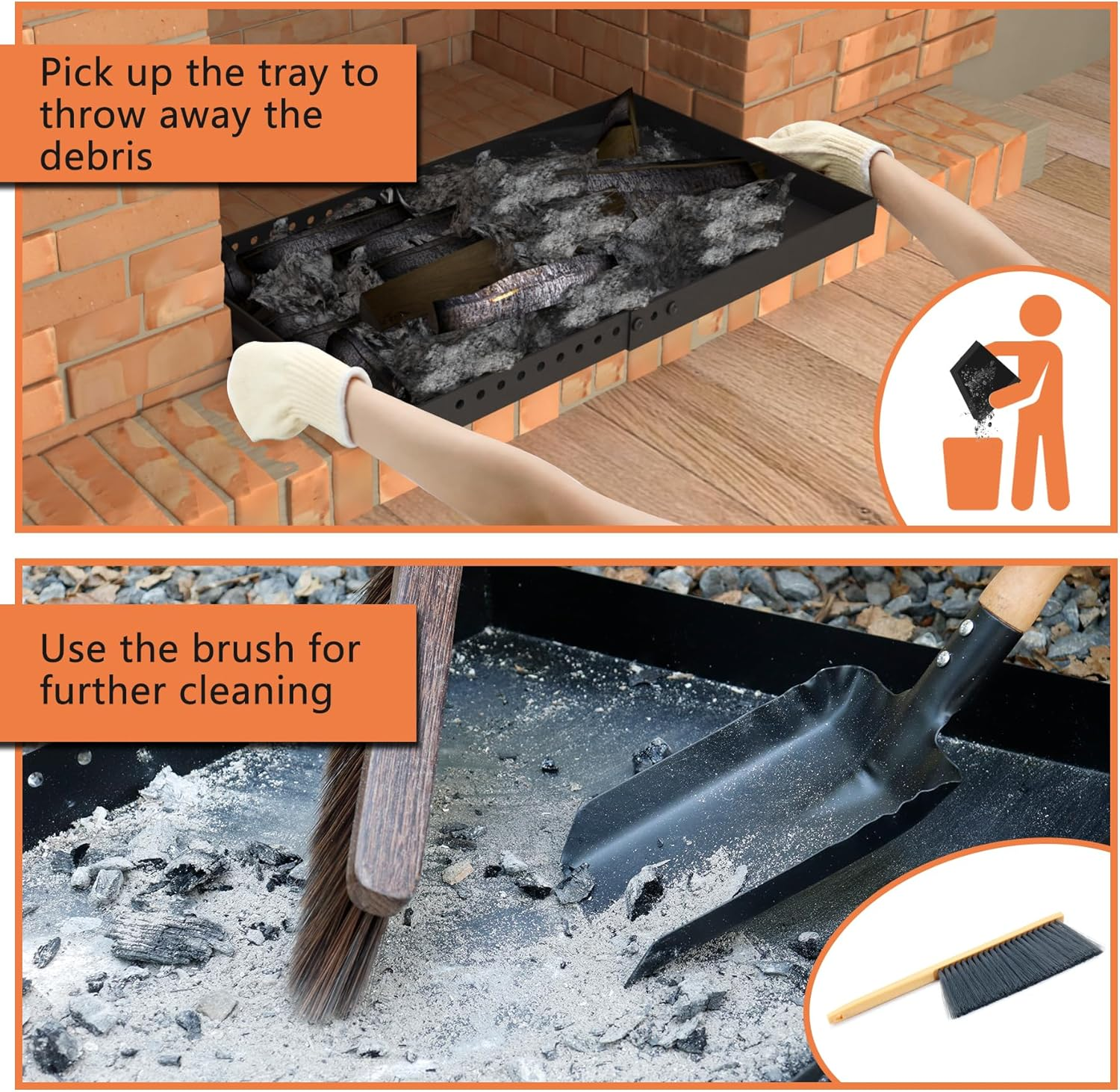 GCGOODS Fireplace Tray with Handles, Expandable Ember Holder Fireplace Pan with 13 Inch Front to Back, Adjustable Ash Pan for Ash Collection, Brush Included for Easy Cleaning, Black, Rectangle image number 4