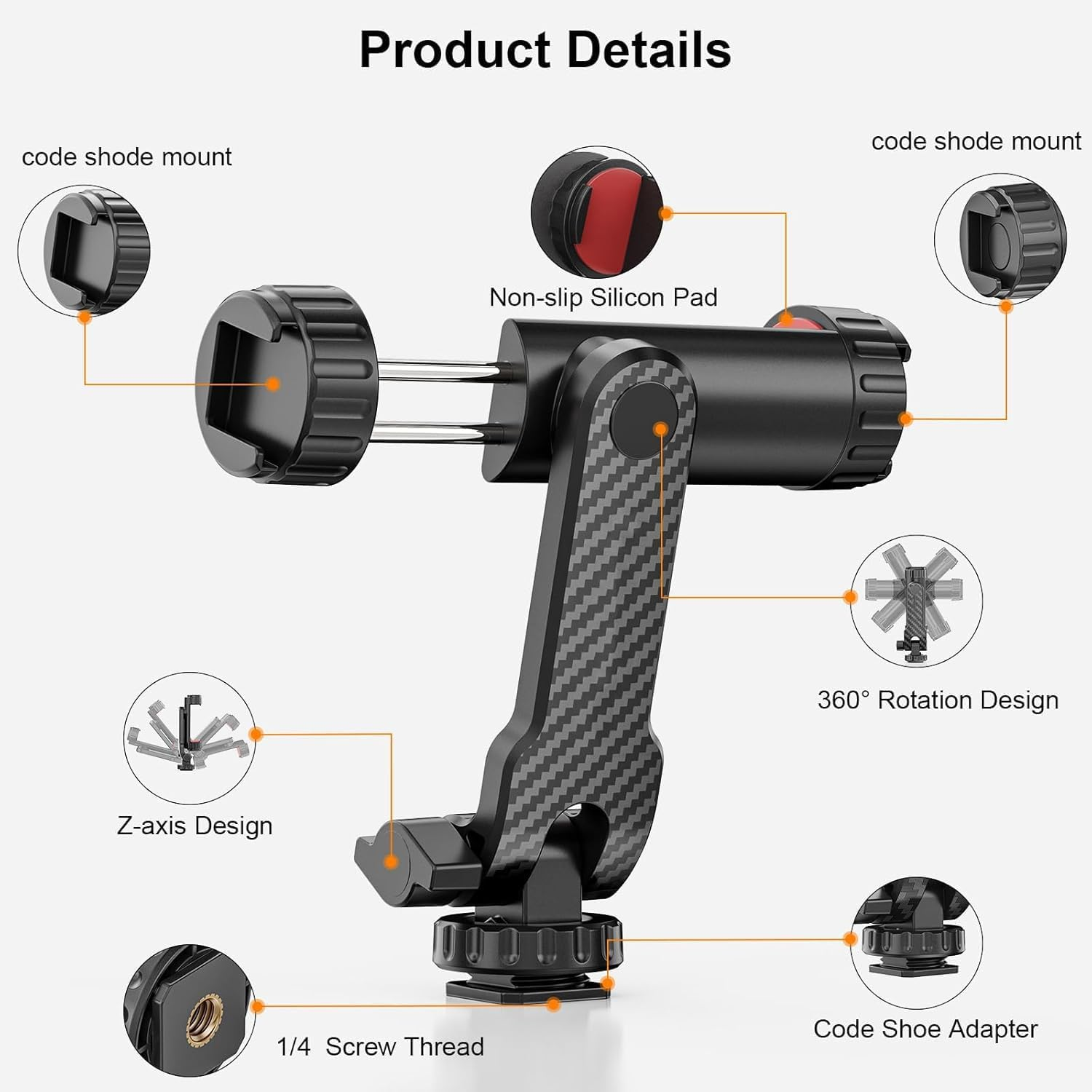 Cell Phone Tripod Mount, Tripod Phone Holder with 1/4" Screw 2 Cold Shoes, 360&deg;Rotates 180&deg;Tilts Adjustable Camera Hot Shoe Phone Mount for Iphone for Samsung Selfie Stick Camera Stand image number 1