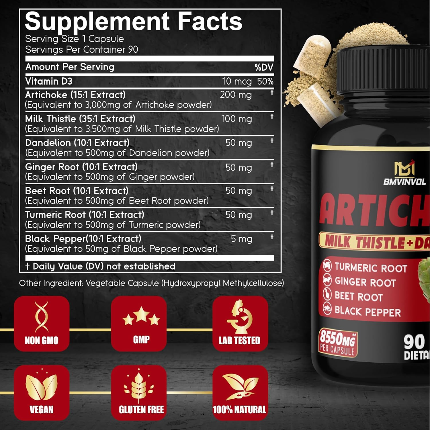 Artichoke Leaf 90 Capsules - Enhanced with Milk Thistle, Dandelion, Ginger, Turmeric, Beet Root, and More - 90 Capsules for 3-Month Supply image number 4