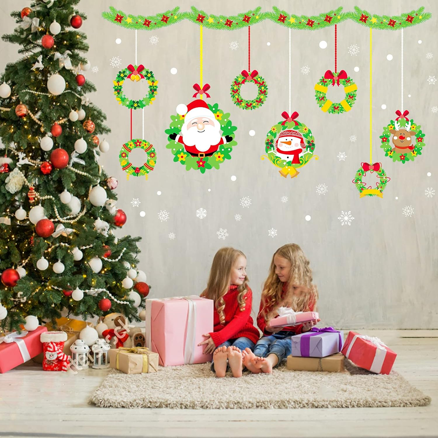 Hianjoo Christmas Window Stickers, 4 Sheets Xmas Glass Stickers with Snowflake, Snowman, Santa Claus, Garland for Christmas Indoor Wall Decorations Removable Window Display Showcase Door image number 6