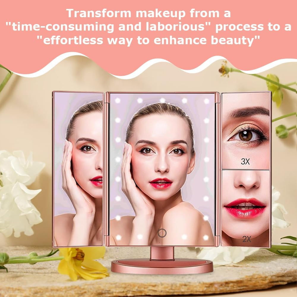 Makeup Mirror with Lights,Magnifying Beauty Looking Glass, Trifold Cosmetic Mirror,Countertop Vanity Looking Glasses,Portable High Definition Mirrors,With Touch Screen Dimming image number 1