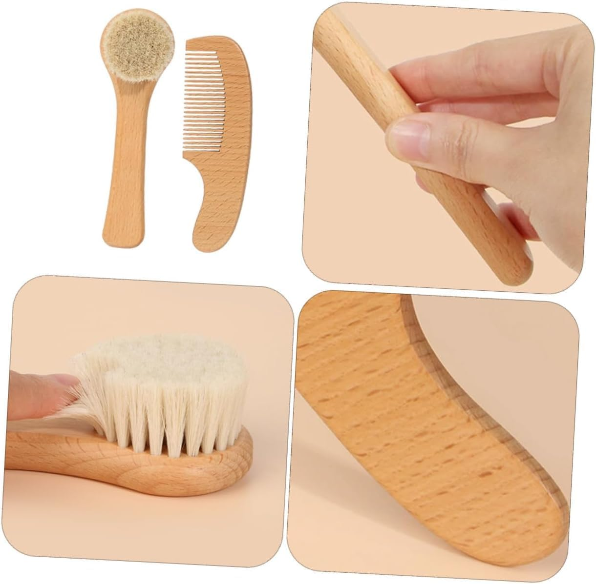 Wooden Baby Hair Brush and Comb Set, 2 Piece Wood Newborn Baby Hair Brush Set,Soft and Gentle Newborn Baby Brush and Comb Set, Soft Gentle Bristles, for Newborns image number 4