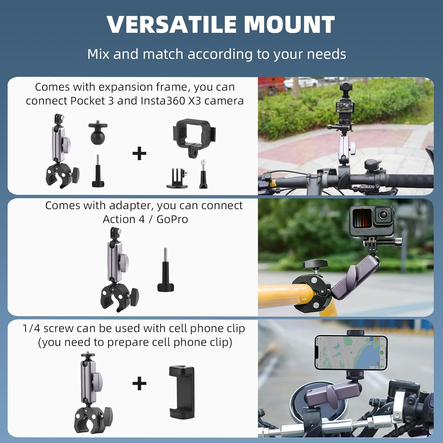 BRDRC Pocket 3 Camera Bike Mount Clamp Motorcycle Handle Holder Aluminum for Insta360 X5 X4 X3 Ace Pro Go 3S, for DJI Osmo Pocket 3 2 Mobile 7P Action 5 Pro 4 3, for Gopro Max Hero Mini Accessories image number 2
