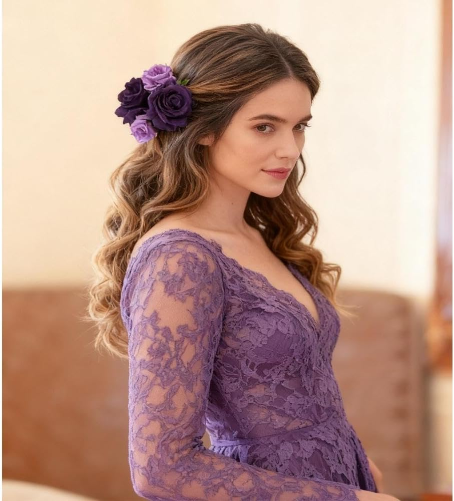 4 Pcs Rose Hair Clip - Flower Hairpin Brooch-Fabric Floral Clips - Hair Flowers Pin (Purple) - Black image number 6