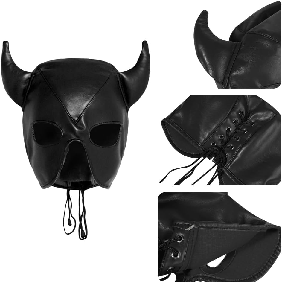 PU Leather Horn Full Cover Hood Mask Opened Mouth Show Eyes Face Mask Adjustable Lace-Up Hood Headgear Halloween Cosplay Fancy Dress Eye Mask Night Club Dress up Costume for Couple Games Carnival image number 5