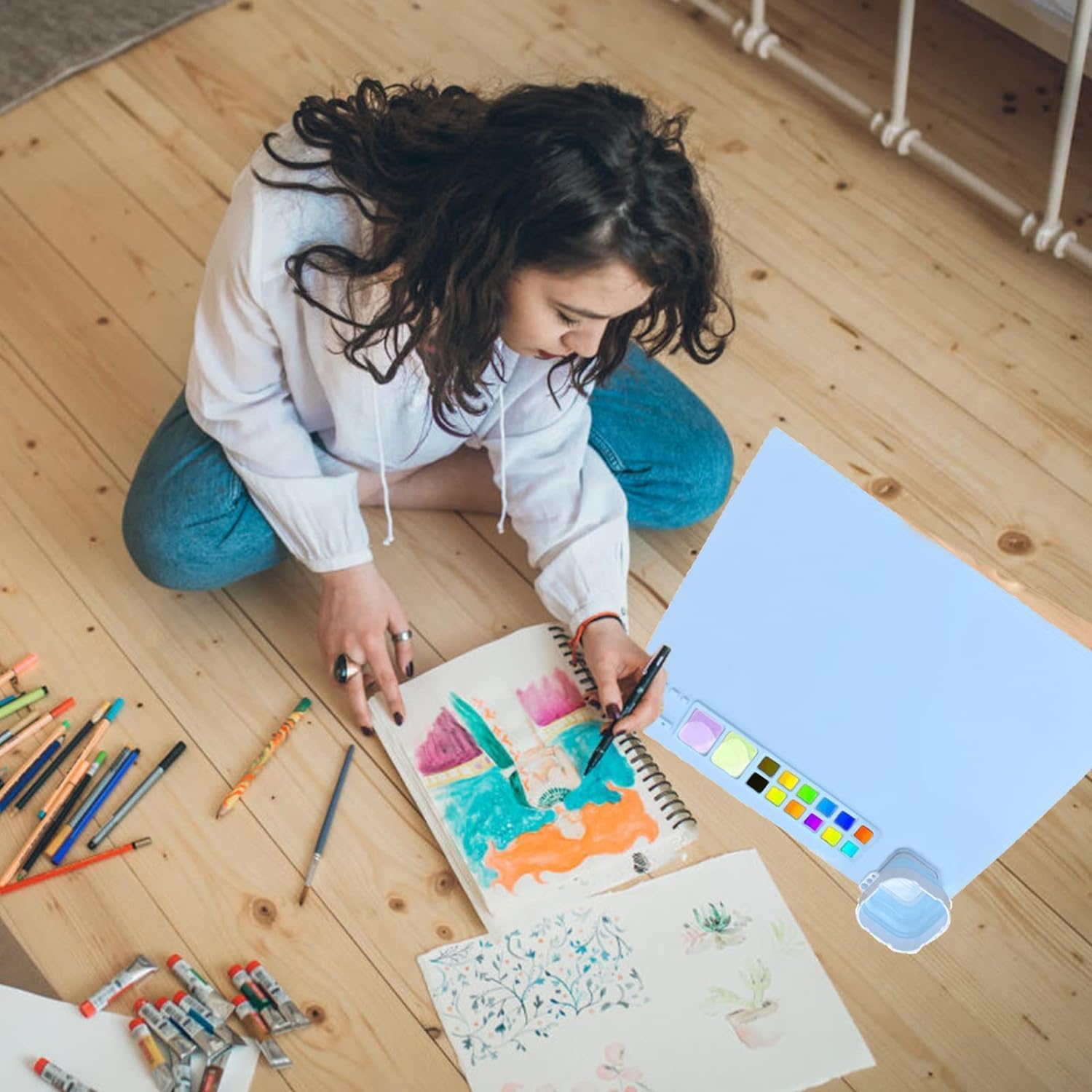 Silicone Craft Mat, 20&times;16 Inches Silicone Painting Mat with Water Cup and Paint Holder, Silicone Artist Mats for Crafts, Painting, Art, Clay, Silicone Sheets Creater Mat for DIY Projects (Blue) image number 6